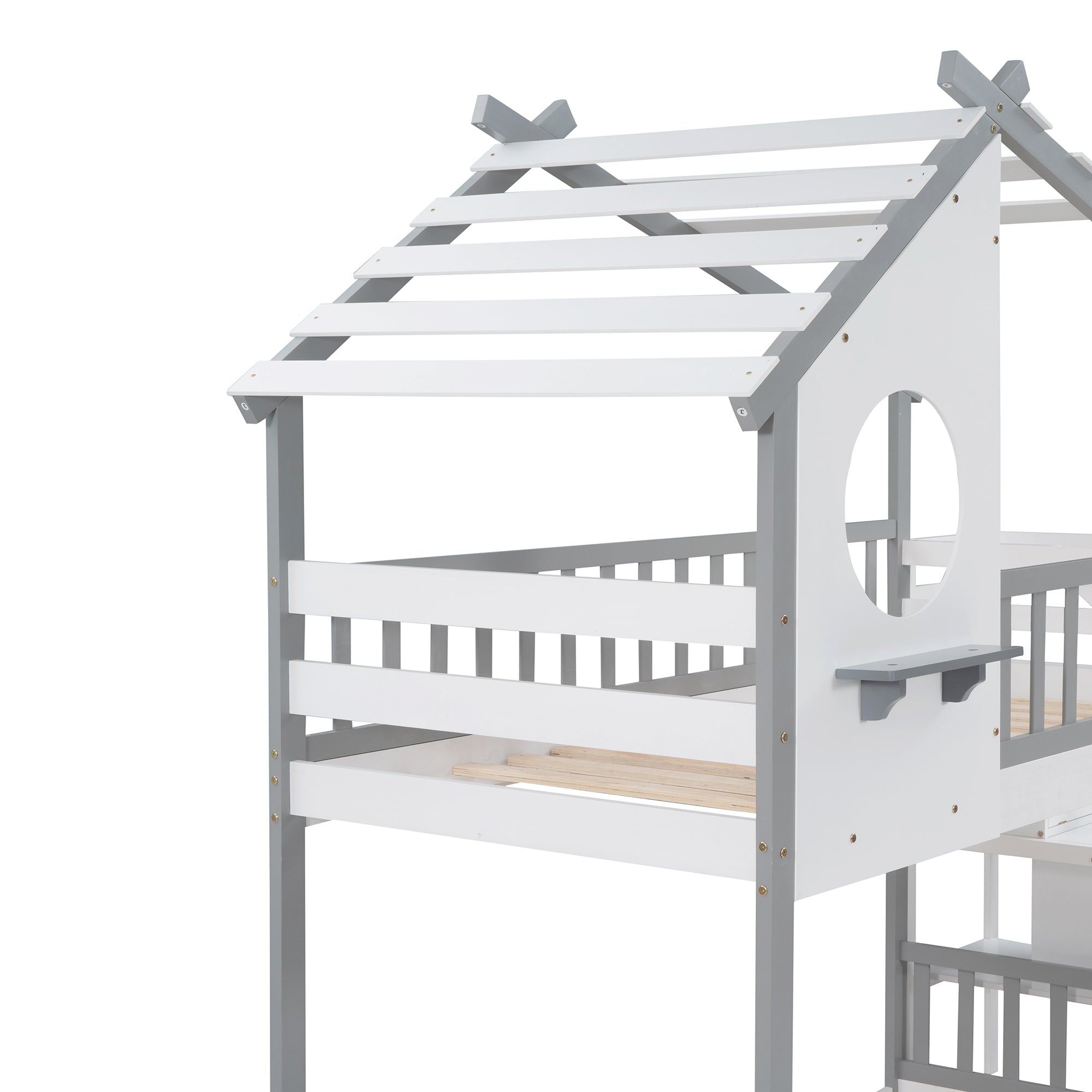 Stairway Twin-Over-Twin Bunk Bed,House Bed,Storage and Guard Rail,Gray Bed +White Stair