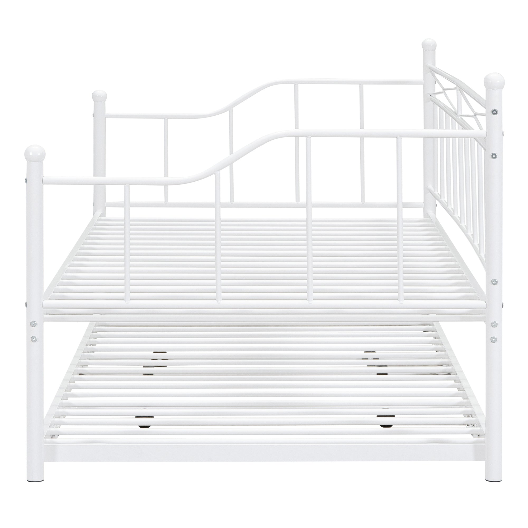 Twin Size Metal Daybed with Twin Size Adjustable Trundle, Portable Folding Trundle, White