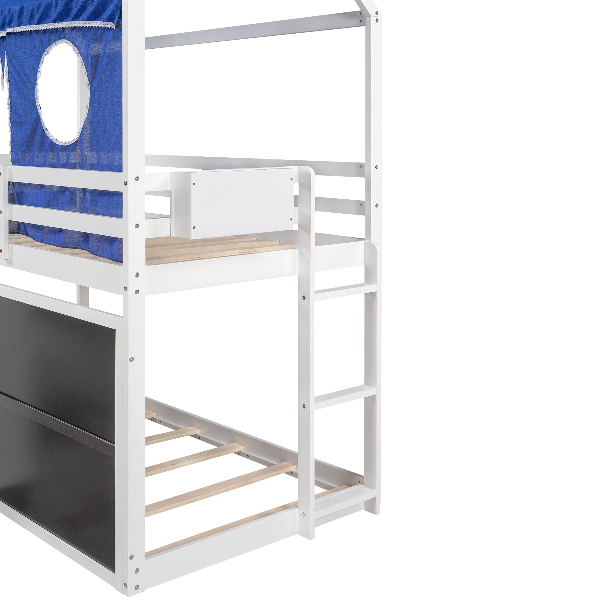 Twin over Twin House Bunk Bed with Blue Tent, Slide, Shelves and Blackboard, White