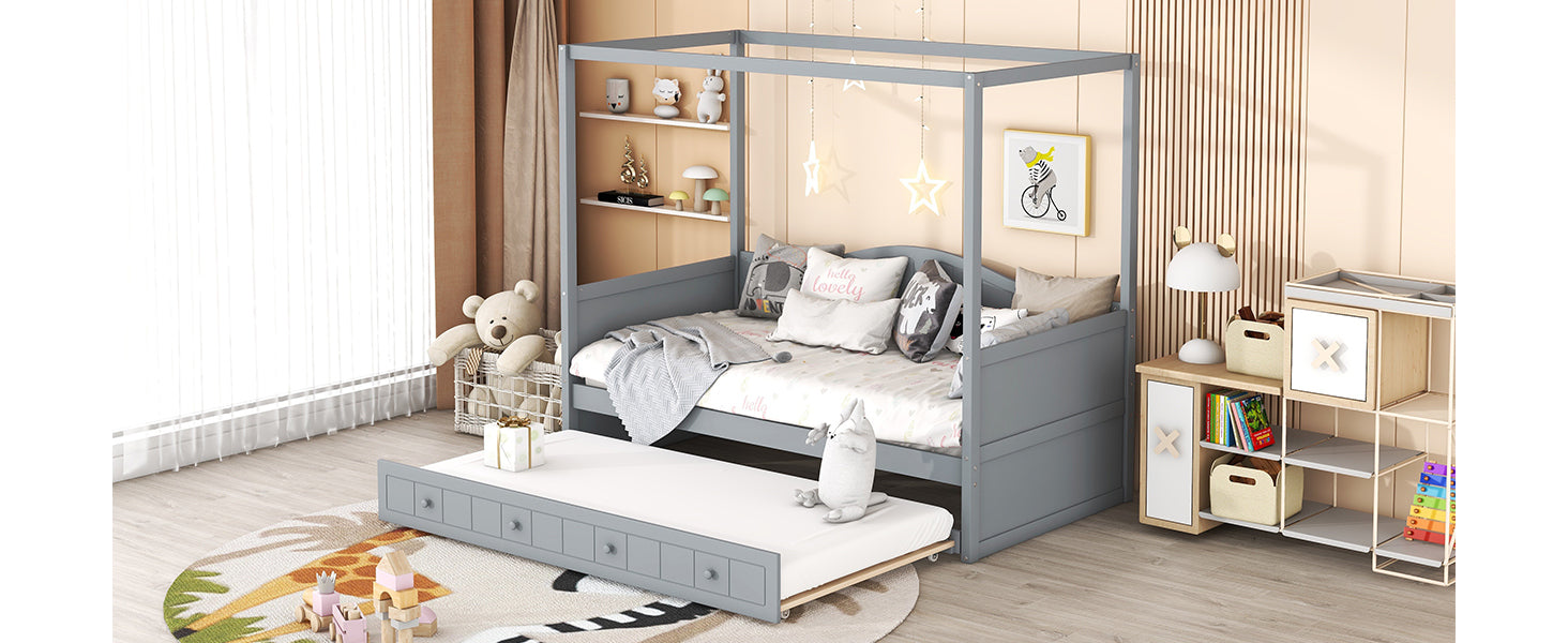 Twin Size Canopy Day Bed with twin size Trundle, Gray
