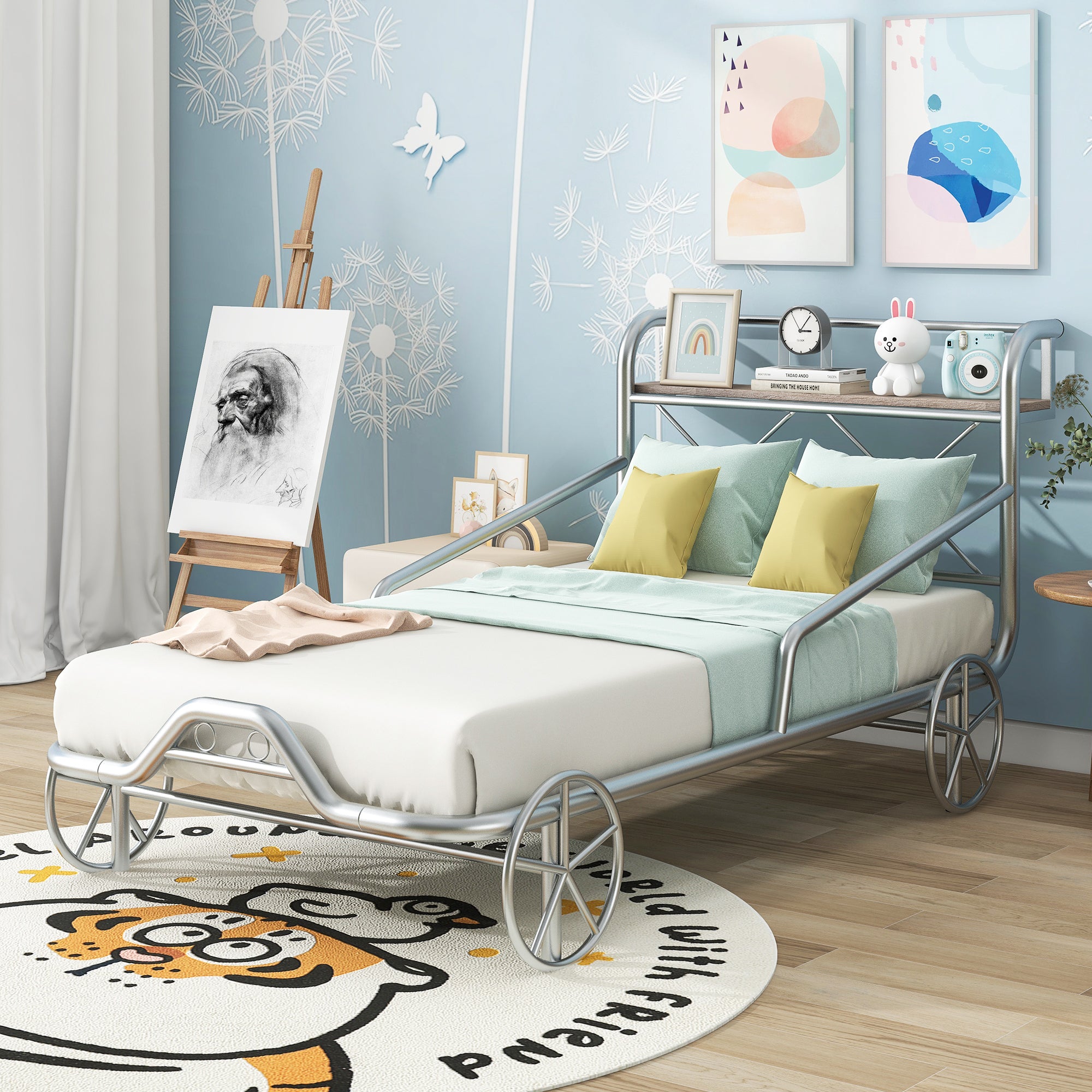 Twin Size Metal Car Bed with Four Wheels, Guardrails and X-Shaped Frame Shelf, Silver(Old SKU: MF297599AAN)