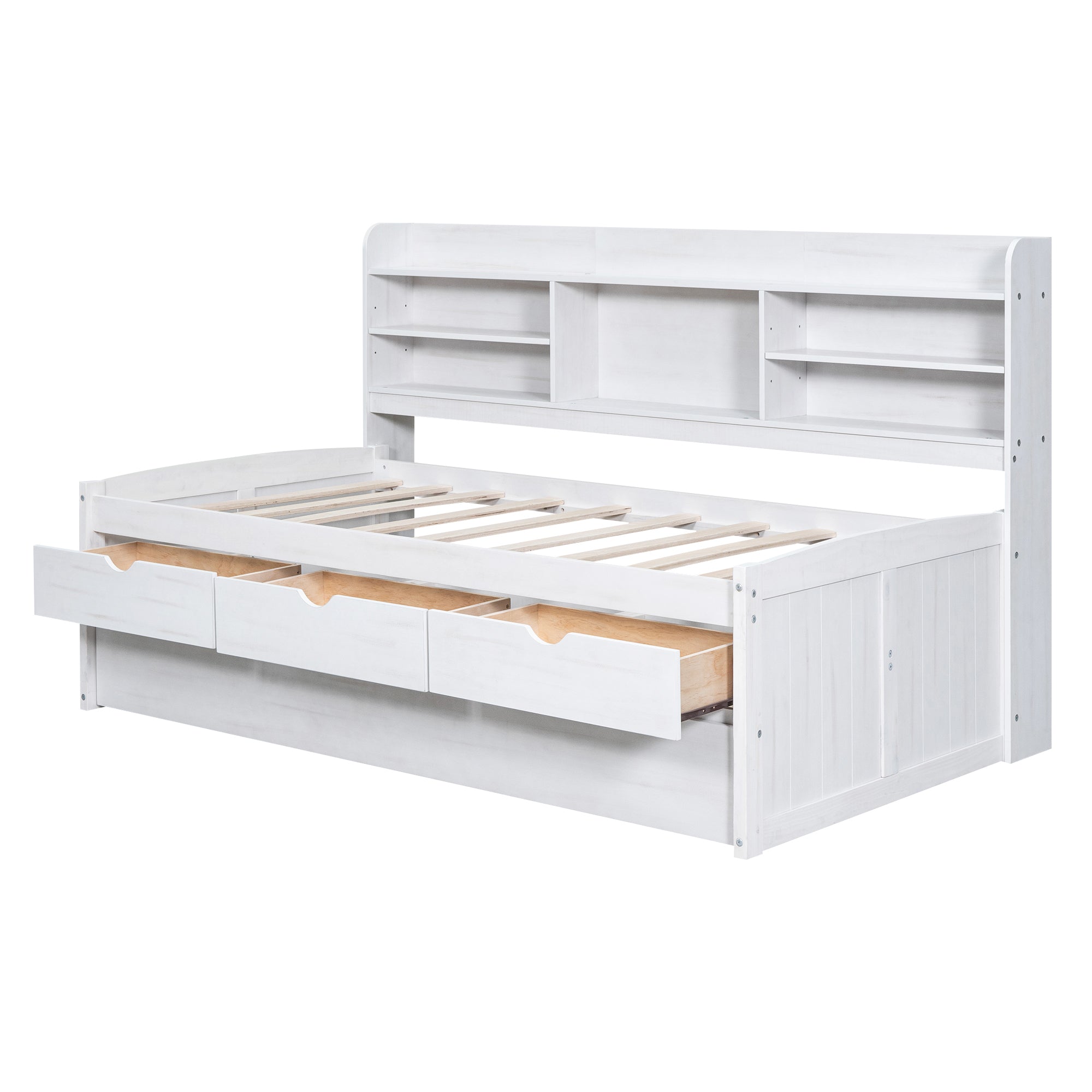 Twin Size Wooden Captain Bed with Built-in Bookshelves,Three Storage Drawers and Trundle, White Wash(Expected Arrivial Time: 11.17)