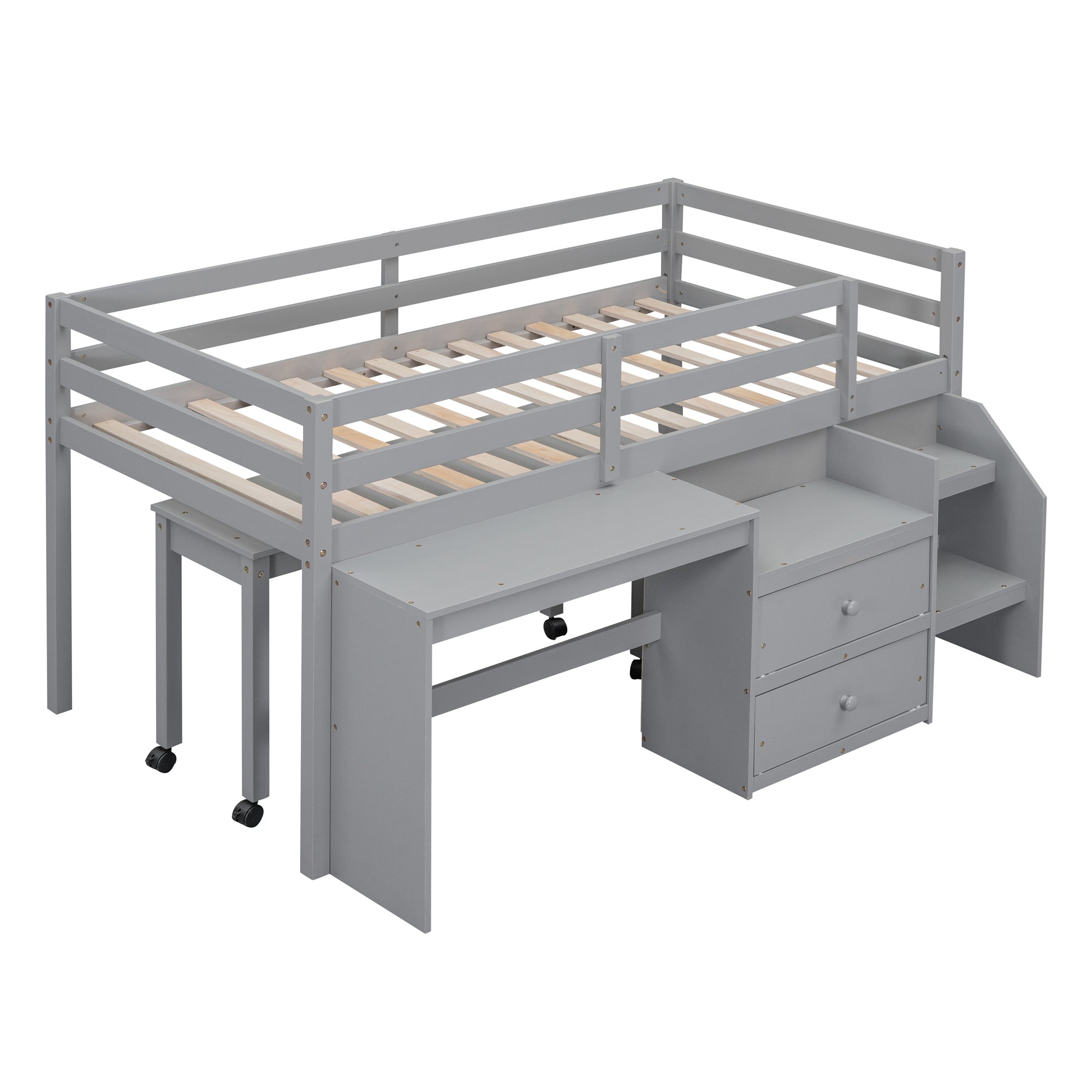 Twin Size Loft Bed with Desk and Drawers, Wooden Loft Bed with Lateral Portable Desk, Gray
