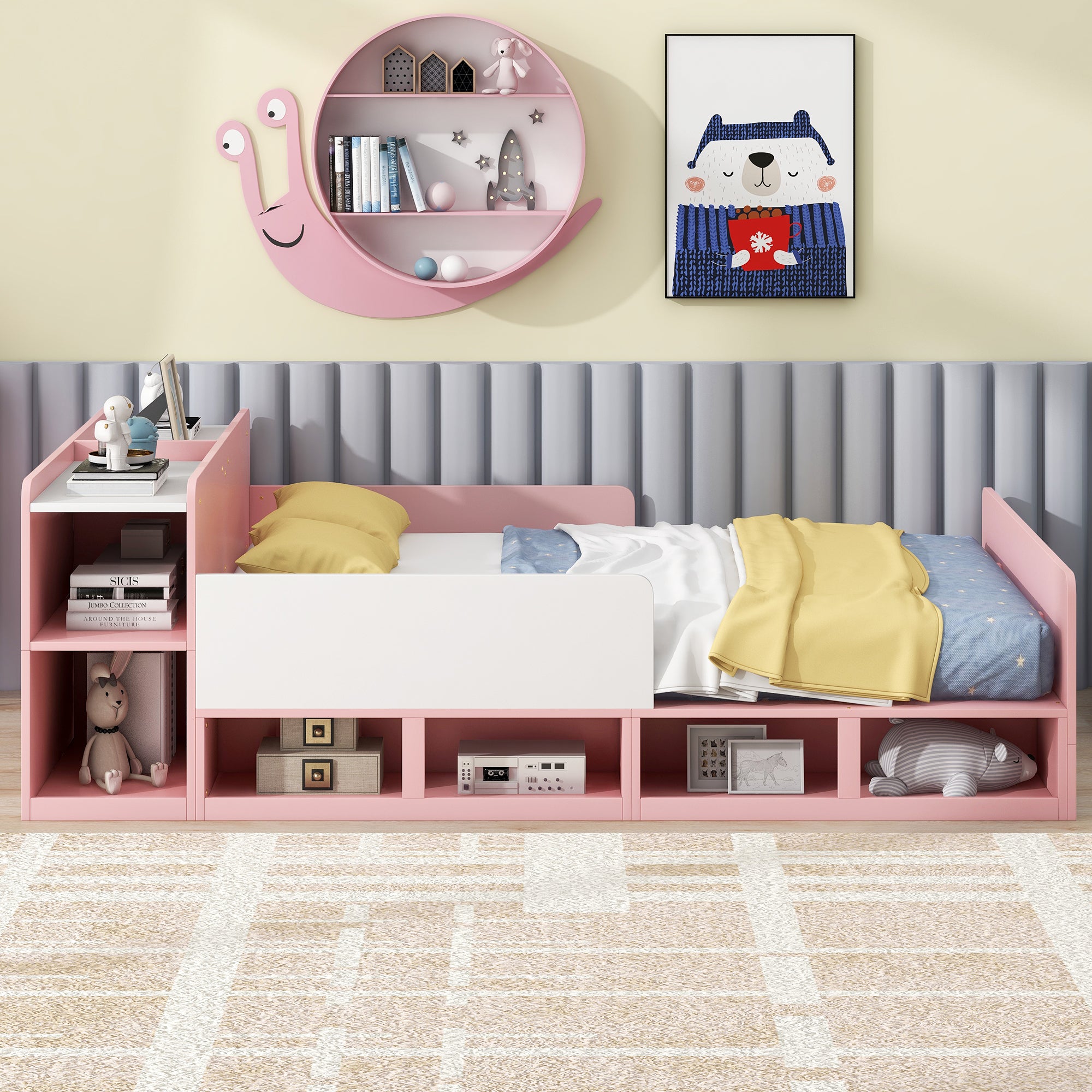 Wood Full Size Platform Bed with Storage Headboard, Guardrails and 4 Underneath Cabinets, Pink