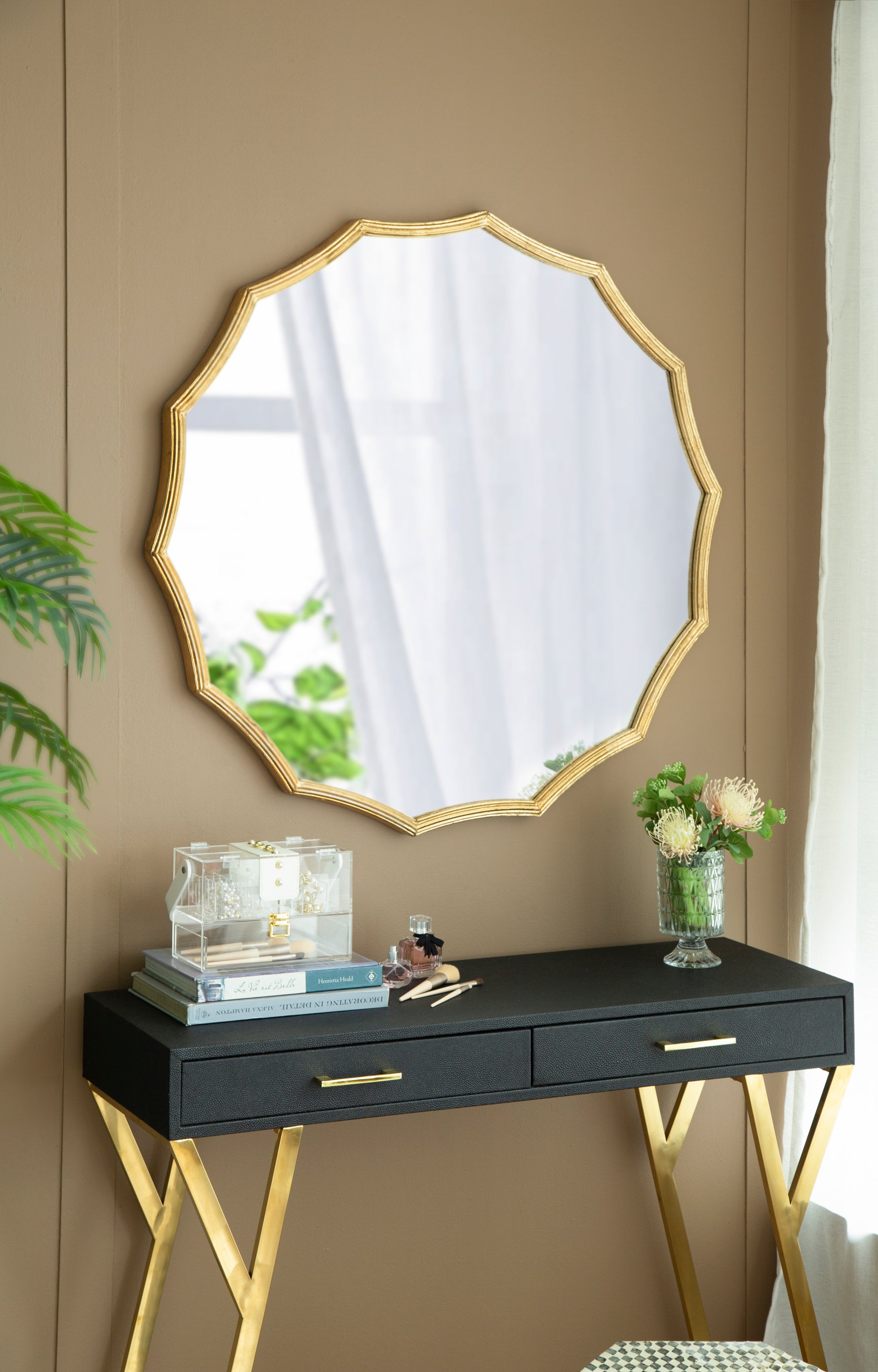 D40" Round Sunburst Wall Mirror with Gold Finish, Wall Decor Mirror for Entryway Bedroom Living Room