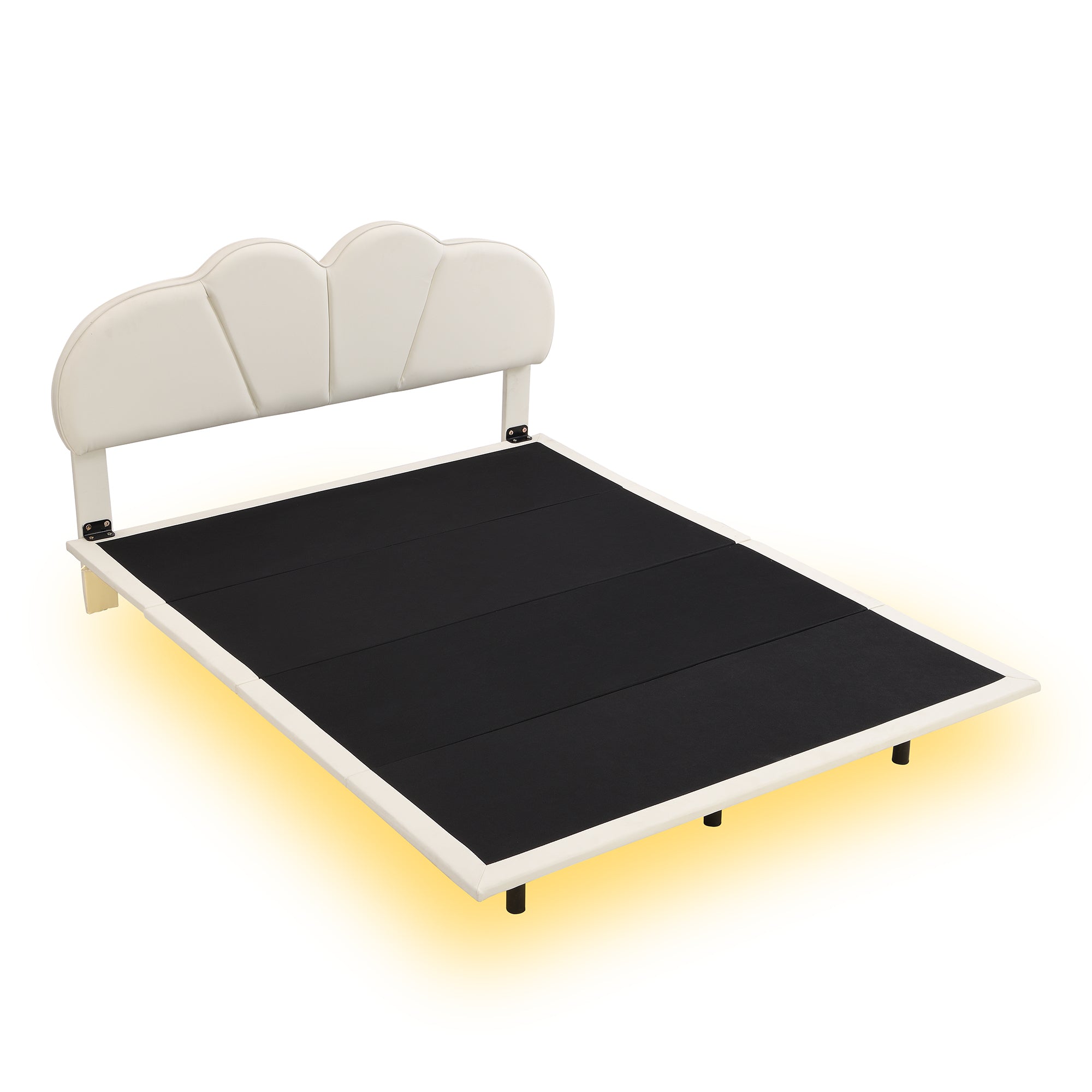 Queen Size Upholstery Platform Bed with PU Leather Headboard and Support Legs,Underbed LED Light,Beige