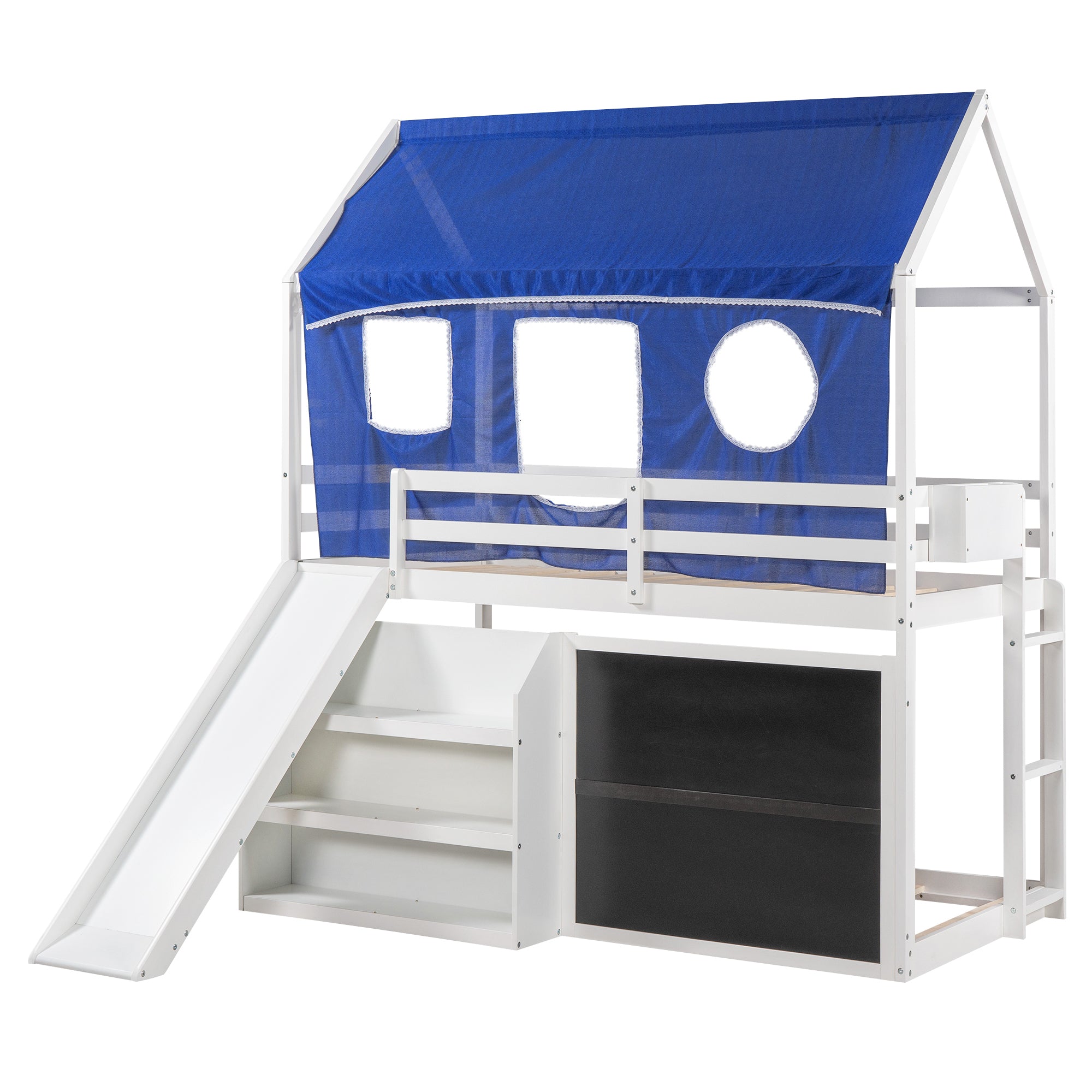 Twin over Twin House Bunk Bed with Blue Tent, Slide, Shelves and Blackboard, White