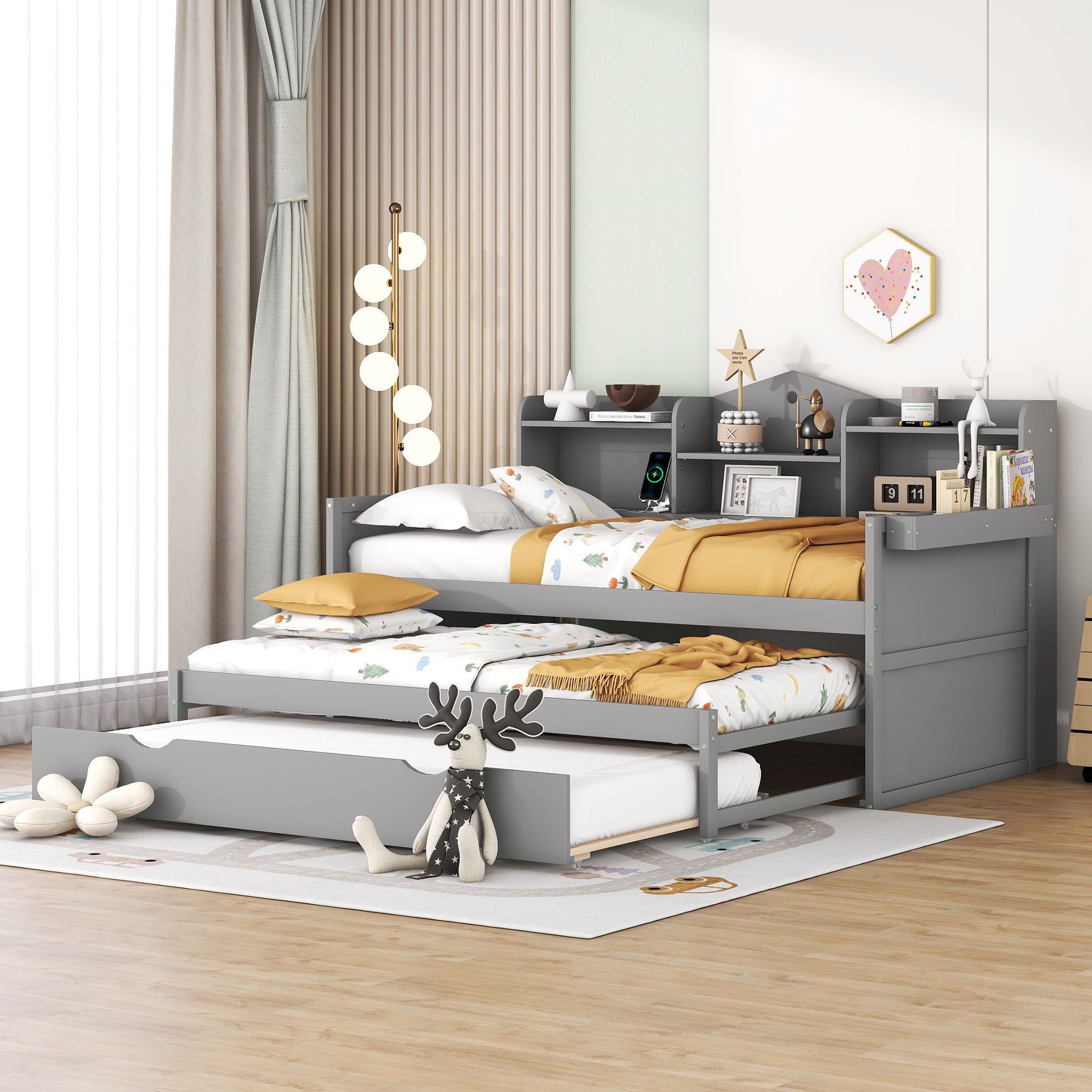 Twin XL Wooden Daybed with 2 Twin Trundles and Storage Shelf, Daybed with USB Charging Ports, No Box-spring Needed, Gray