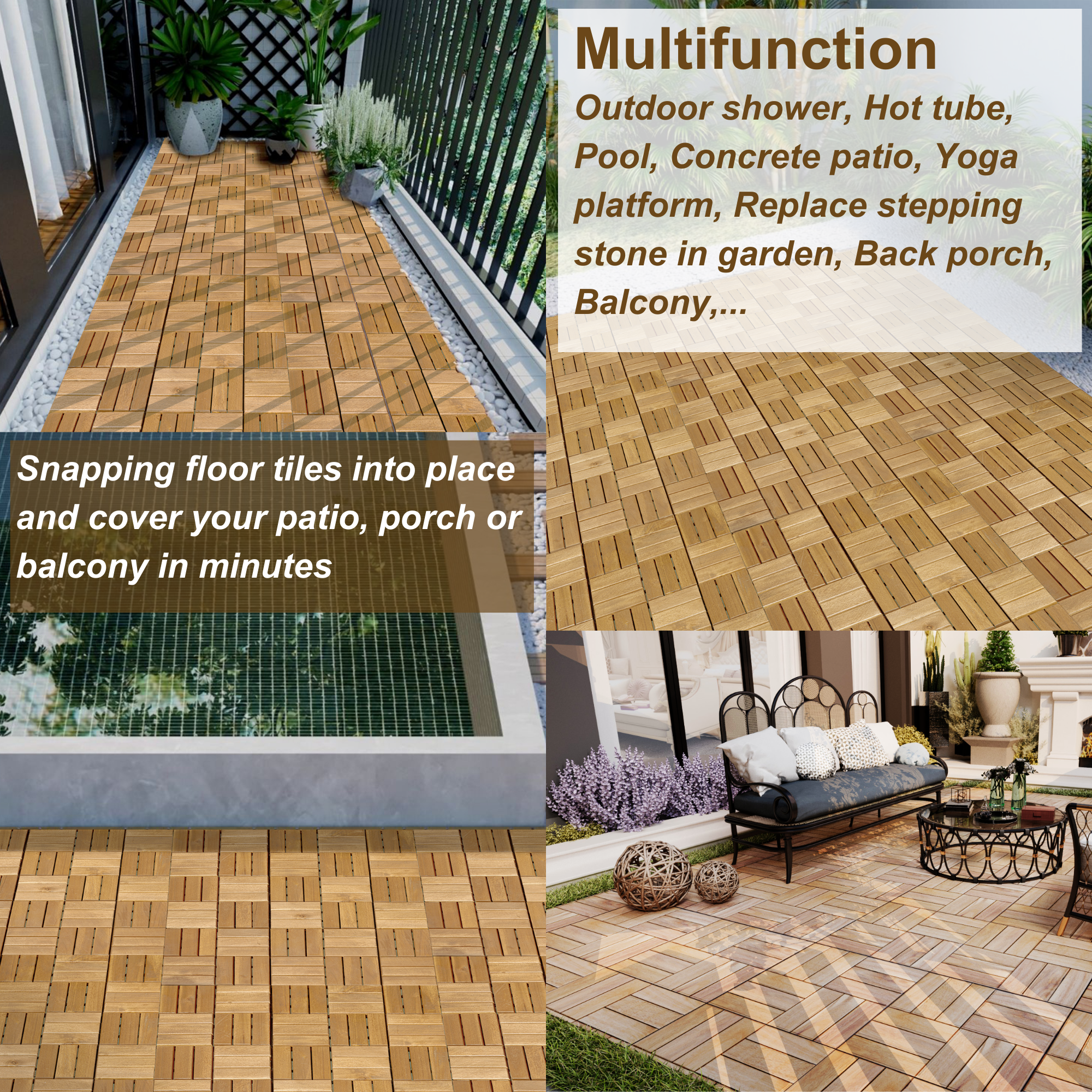 10 PCS Interlocking Deck Tiles Checker Pattern, 12" x 12" Square Yellow Acacia Hardwood Outdoor Flooring for Patio, Bancony, Pool Side,...