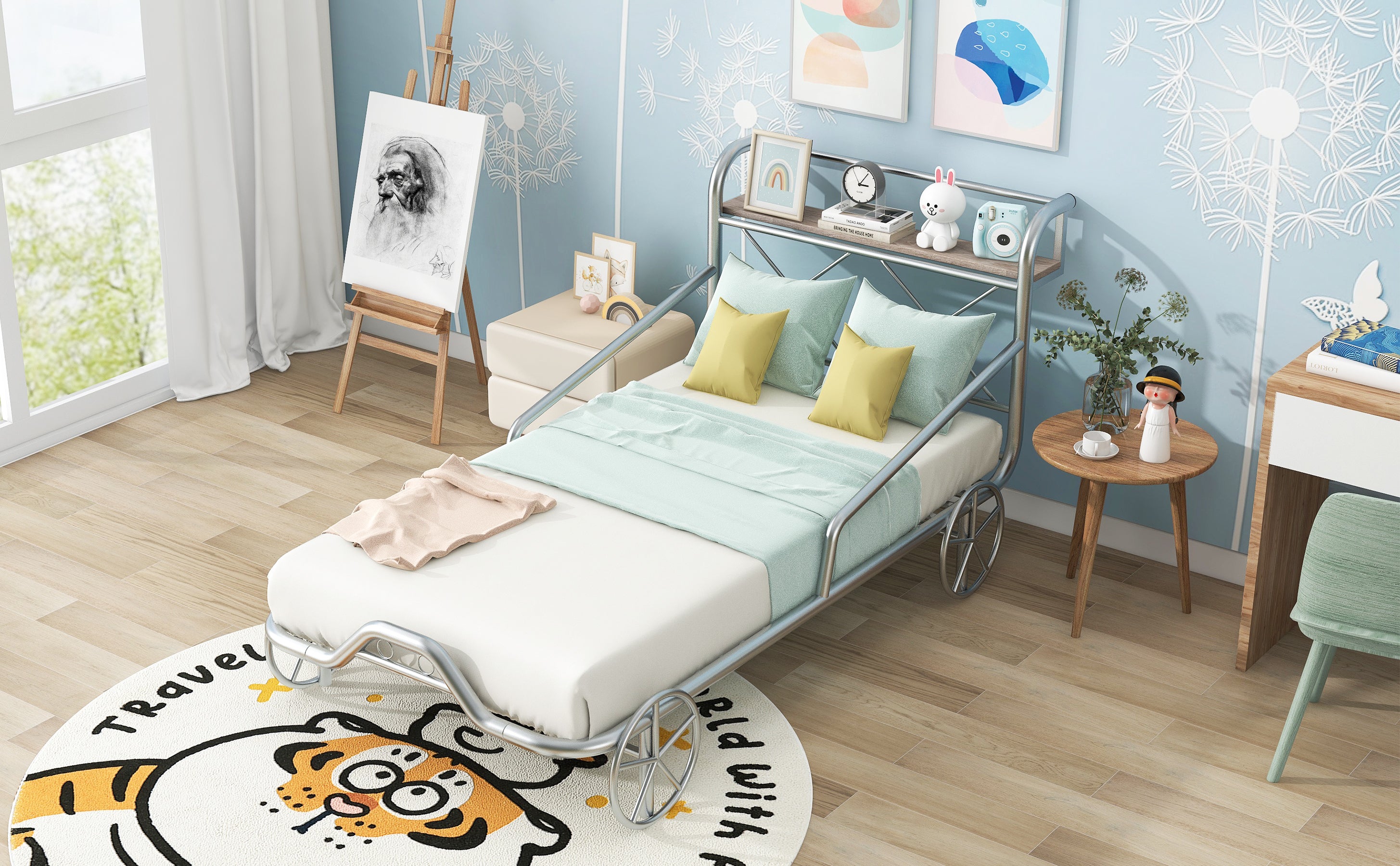 Twin Size Metal Car Bed with Four Wheels, Guardrails and X-Shaped Frame Shelf, Silver(Old SKU: MF297599AAN)