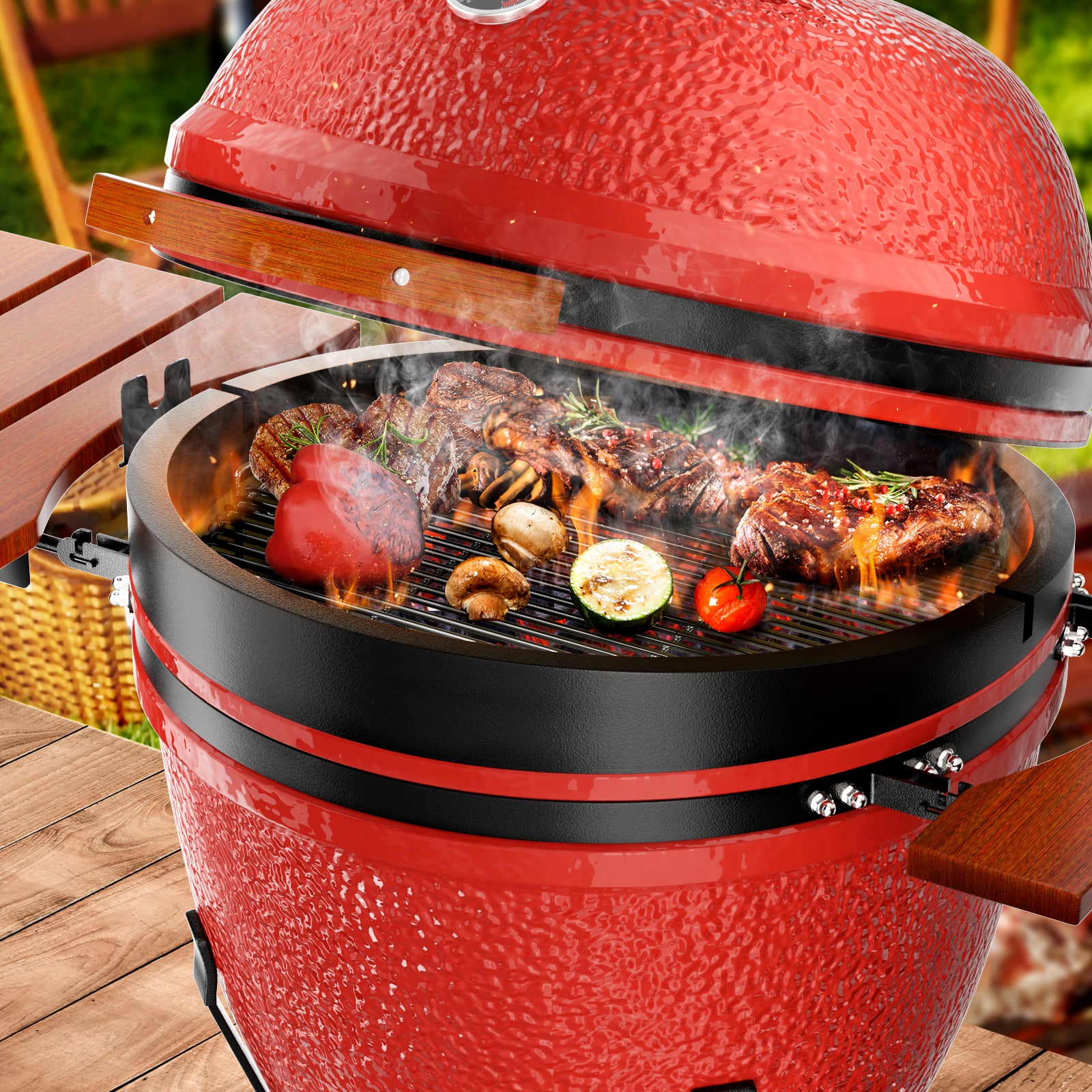 Kamado Portable Charcoal Grill with Side Shelves and Cover