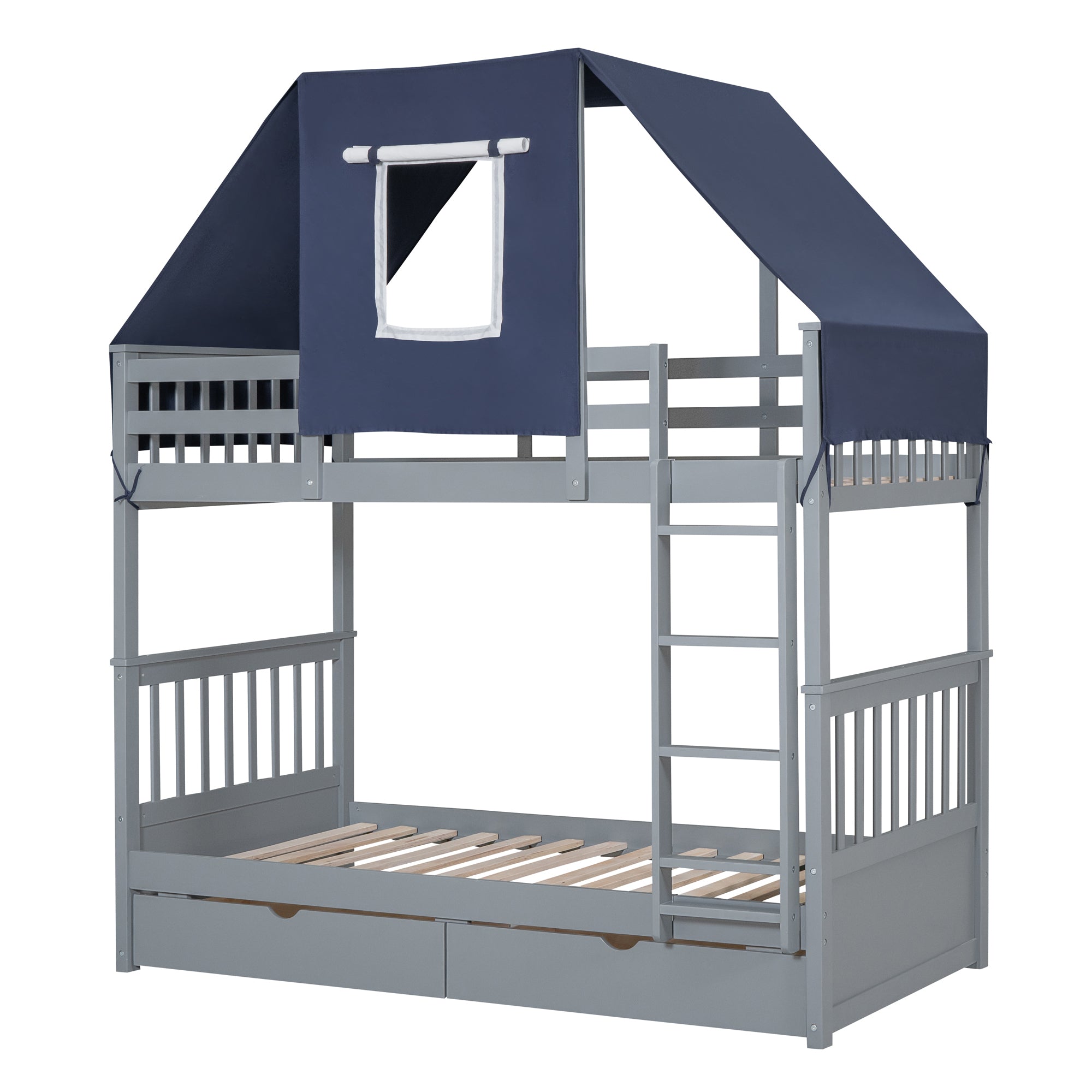 Twin Over Twin Bunk Bed Wood Bed with Tent and Drawers, Gray+Blue Tent