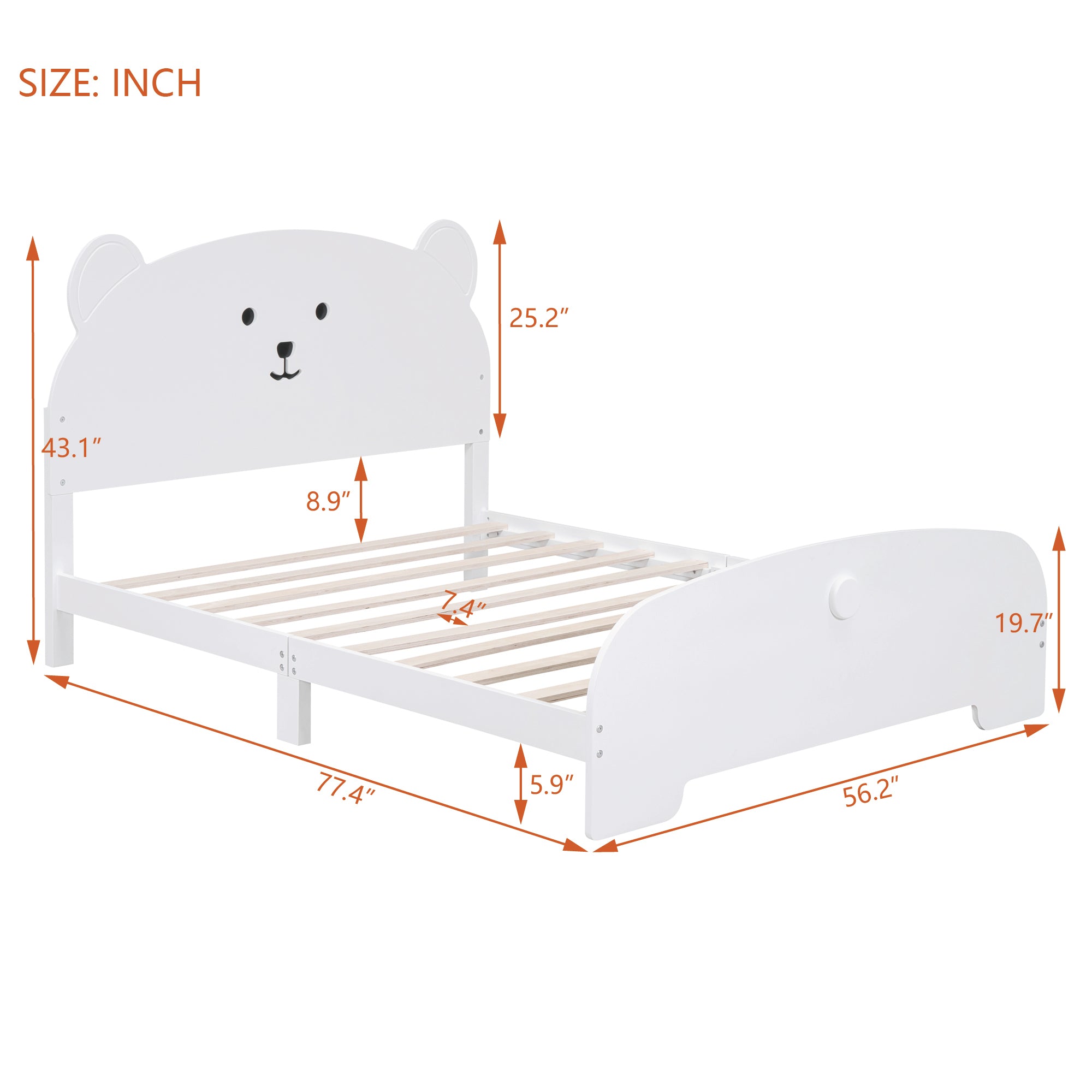Full Size Wood Platform Bed with Bear-shaped Headboard and Footboard,White
