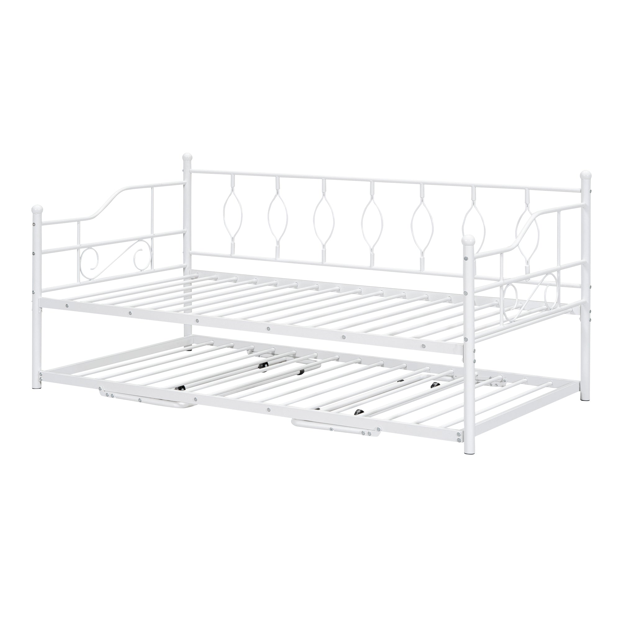 Twin Size Metal Daybed with Twin Size Adjustable Trundle, Portable Folding Trundle, White