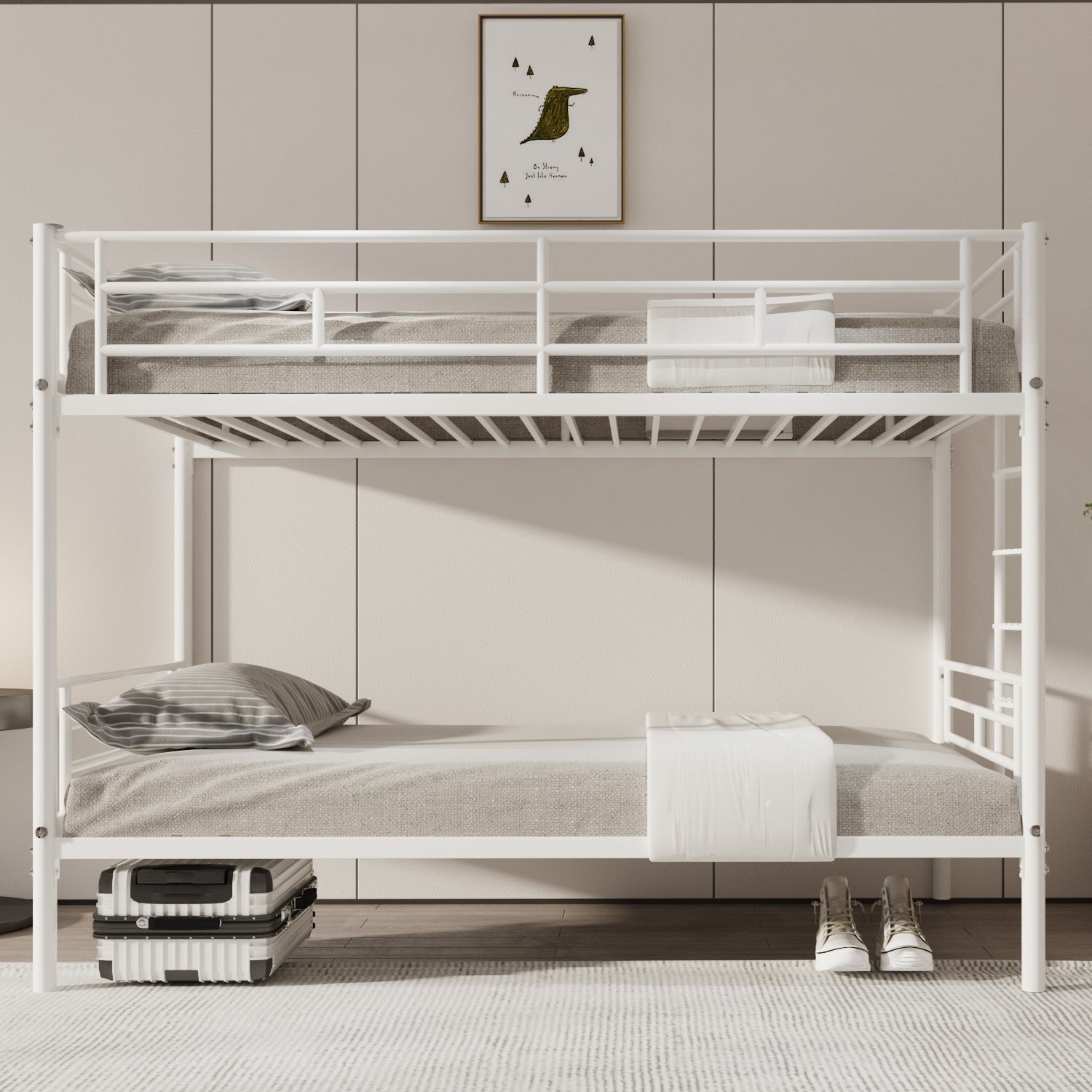 White Twin over Twin Metal Bunk Bed with Removable Ladder, Comfortable Rungs, Easy to assemble