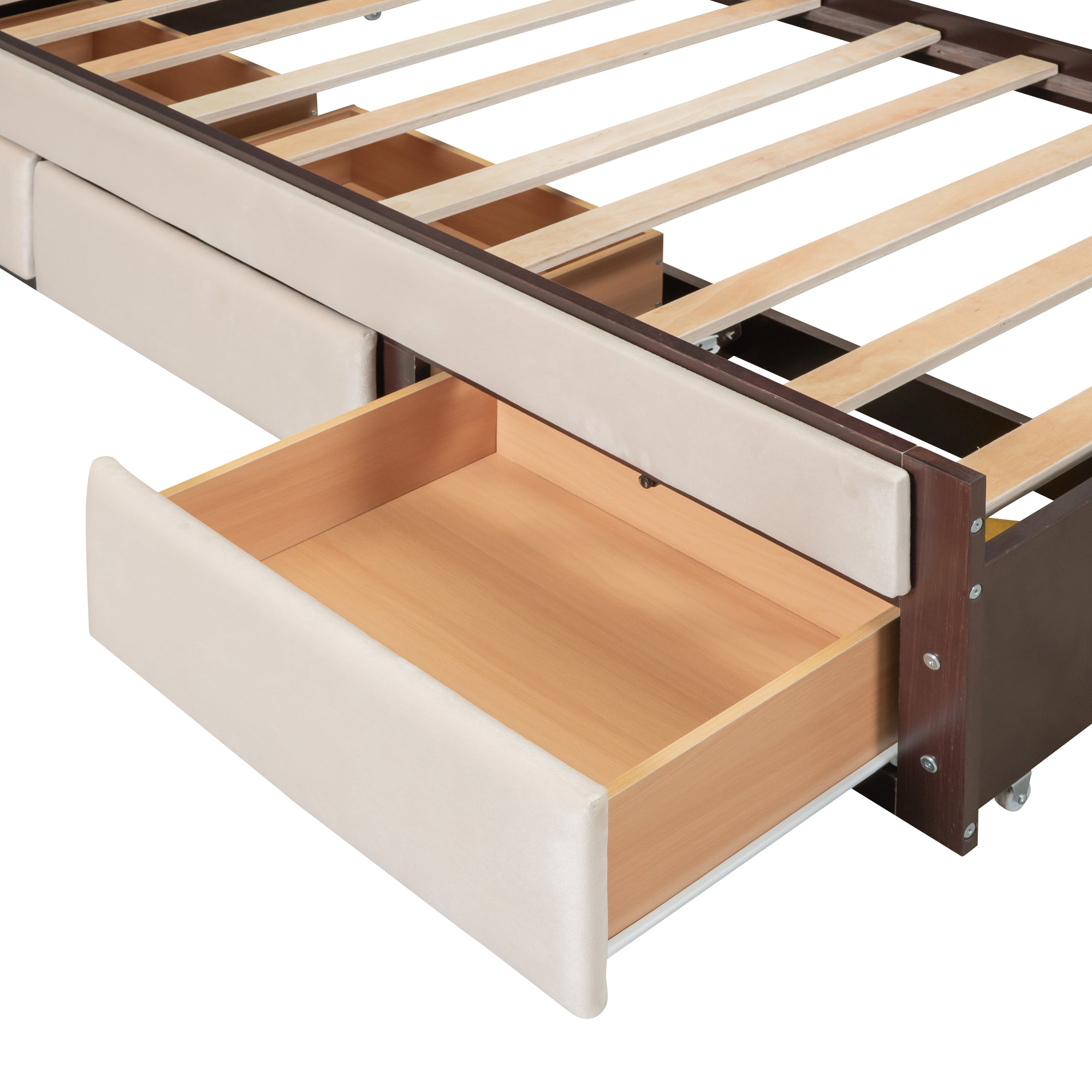 Full Size Upholstered Canopy Bed with Trundle and 3 Drawers, Beige