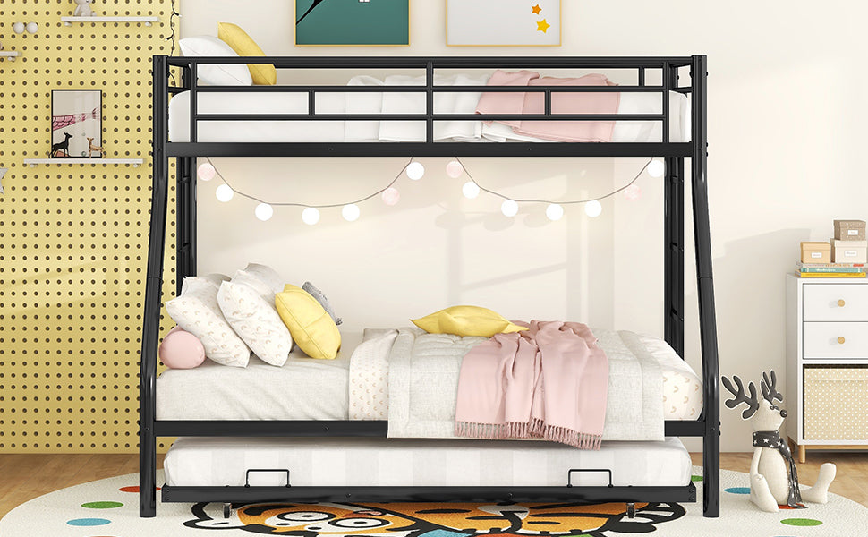 Twin over Full Bed with Sturdy Steel Frame, Bunk Bed with Twin Size Trundle, Two-Side Ladders, Black