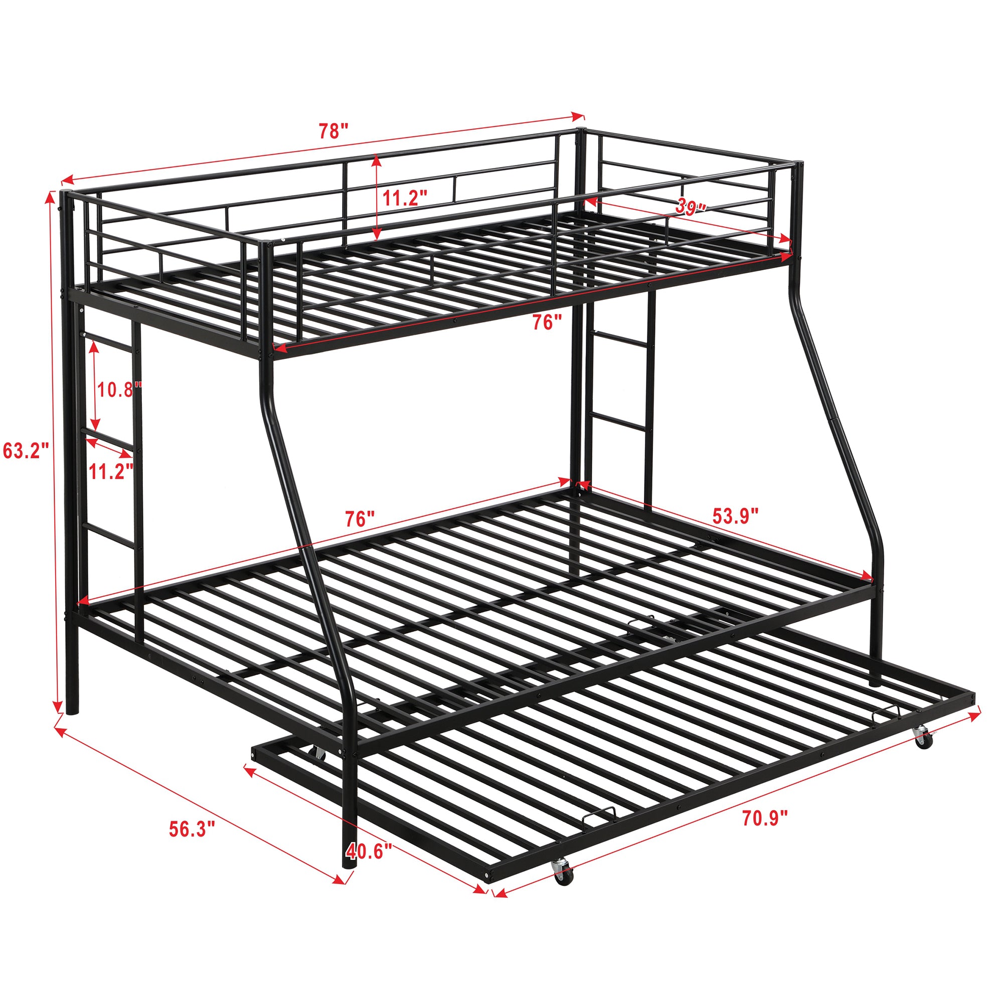 Twin over Full Bed with Sturdy Steel Frame, Bunk Bed with Twin Size Trundle, Two-Side Ladders, Black