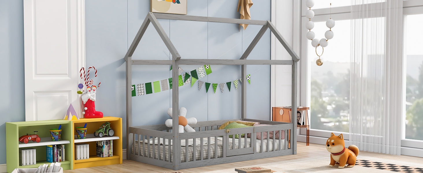 Twin Size Wood House Bed with Fence and Door, Gray Wash