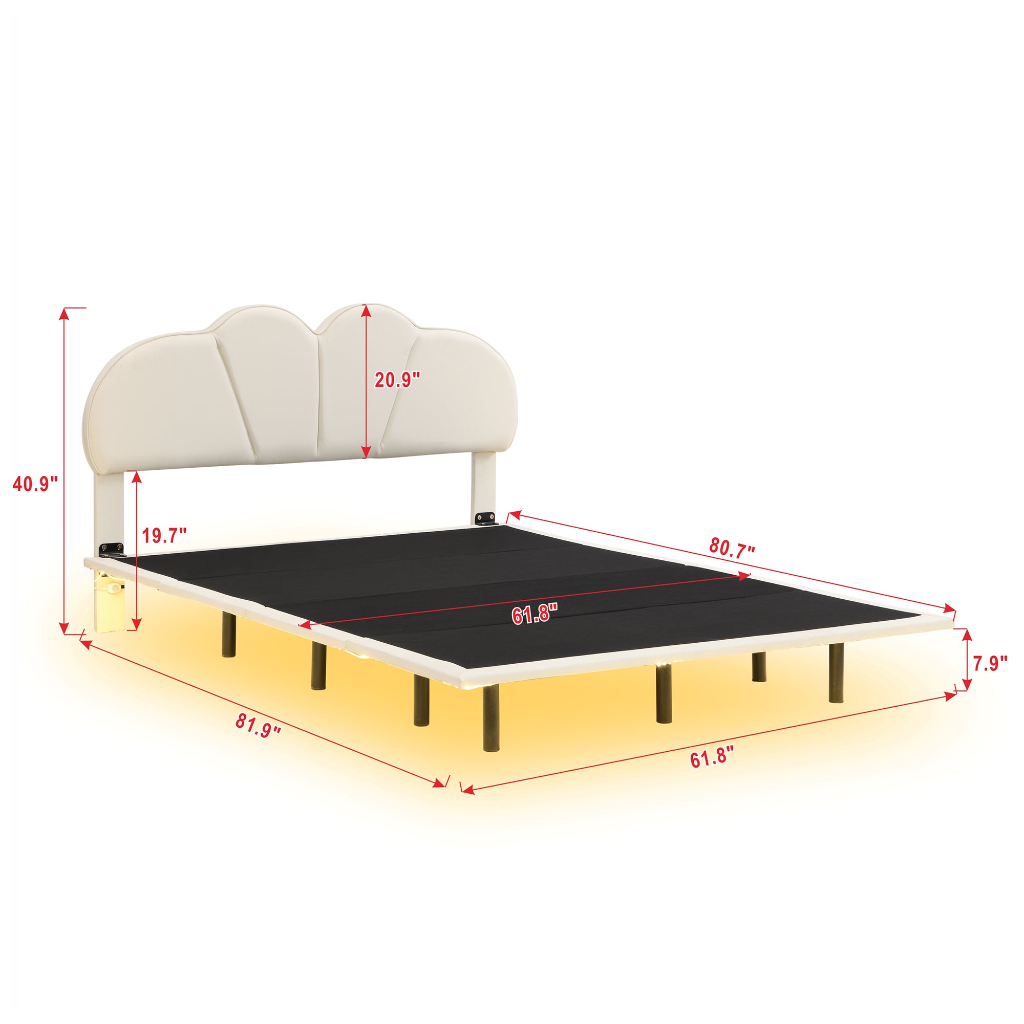 Queen Size Upholstery Platform Bed with PU Leather Headboard and Support Legs,Underbed LED Light,Beige