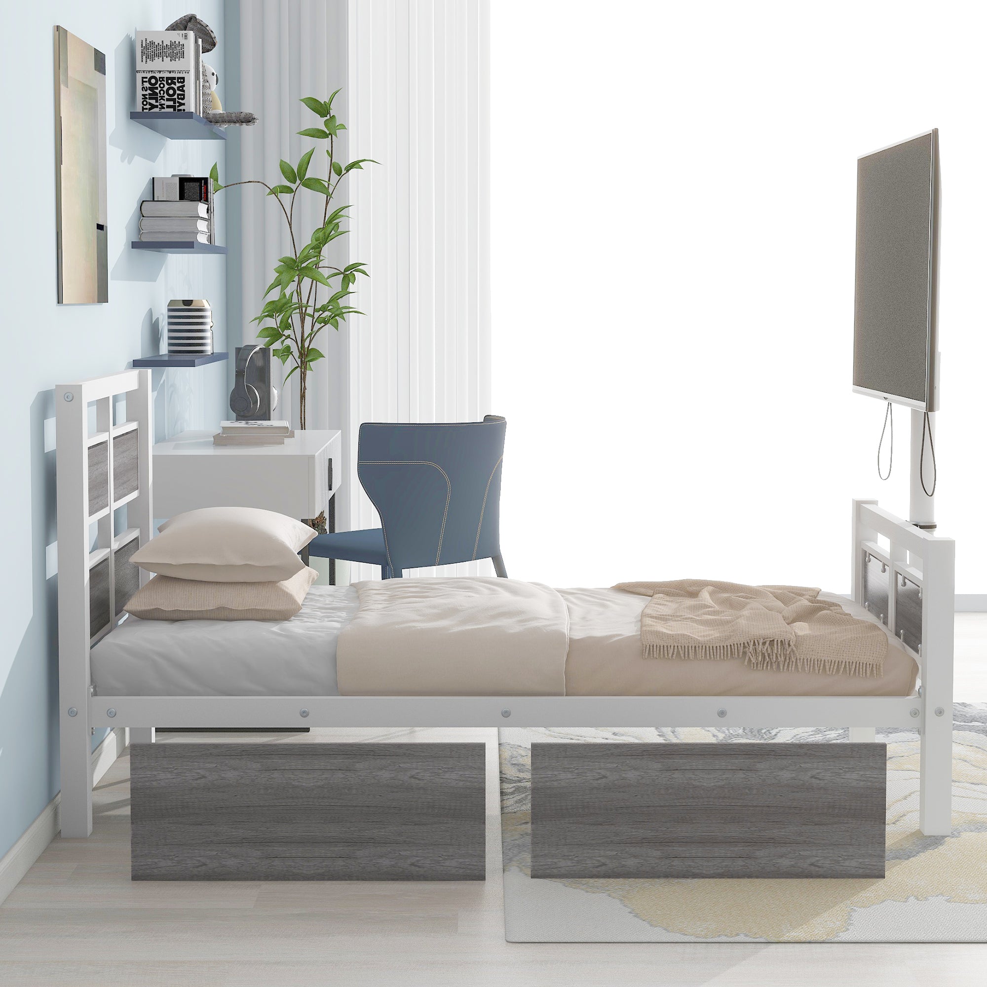 Twin Size Metal Platform Bed with MDF Headboard and Footboard,Two Storage Drawers and Rotatable TV Stand,White