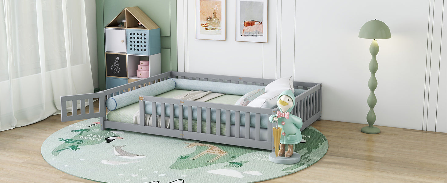 Queen Size Bed Floor Bed with Safety Guardrails and Door for Kids, Gray (Expect Arrival Date Nov.2nd)