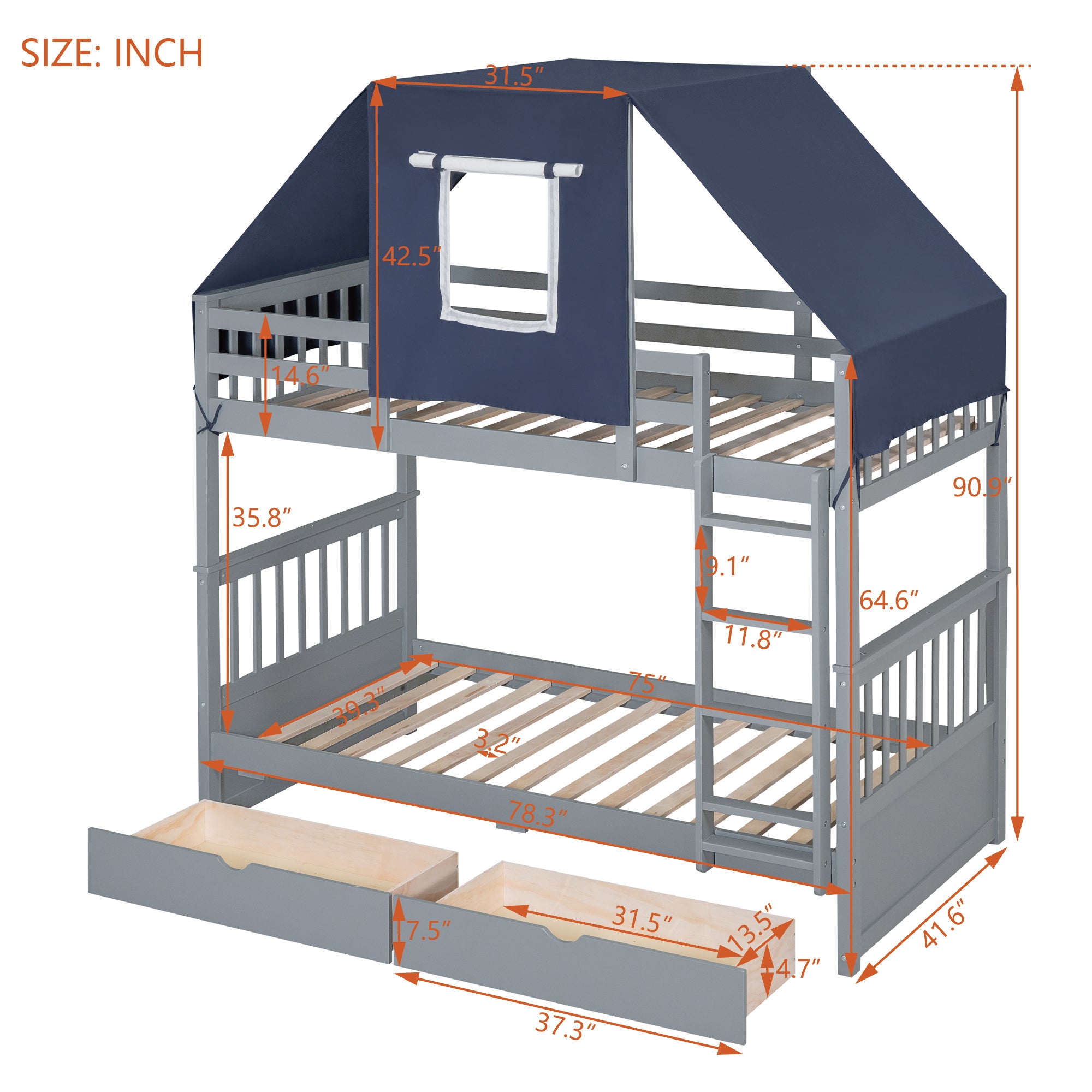 Twin Over Twin Bunk Bed Wood Bed with Tent and Drawers, Gray+Blue Tent