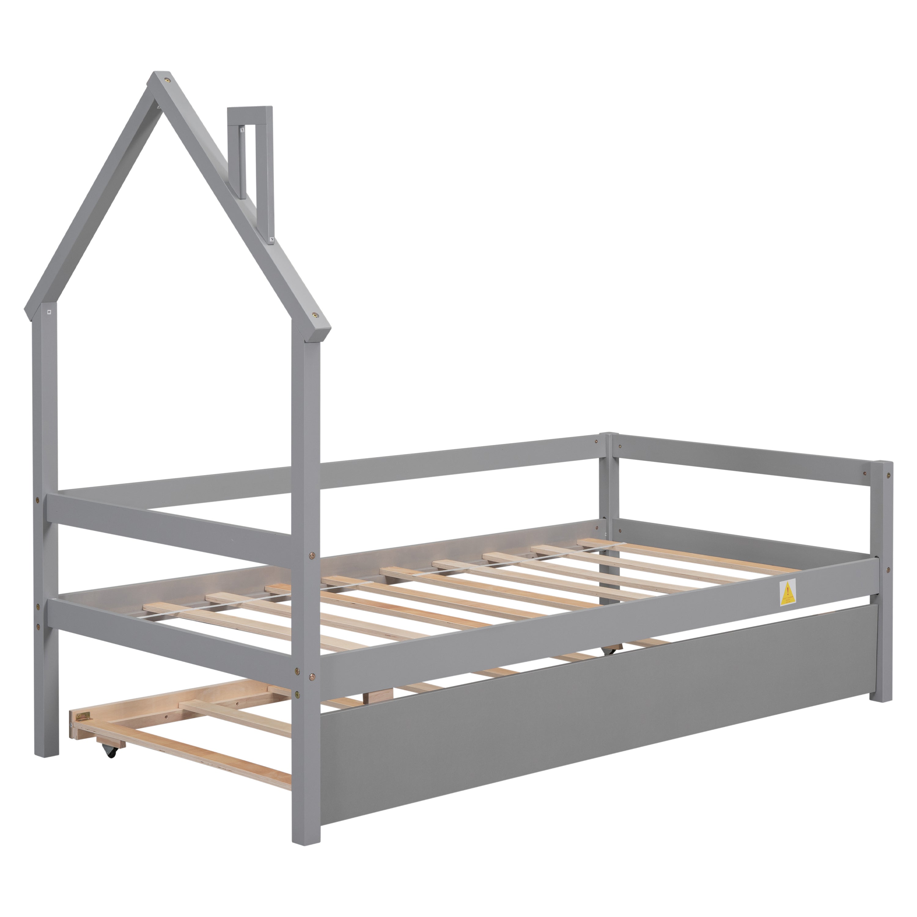 Twin Wooden Daybed with trundle, Twin House-Shaped Headboard bed with Guardrails,Grey