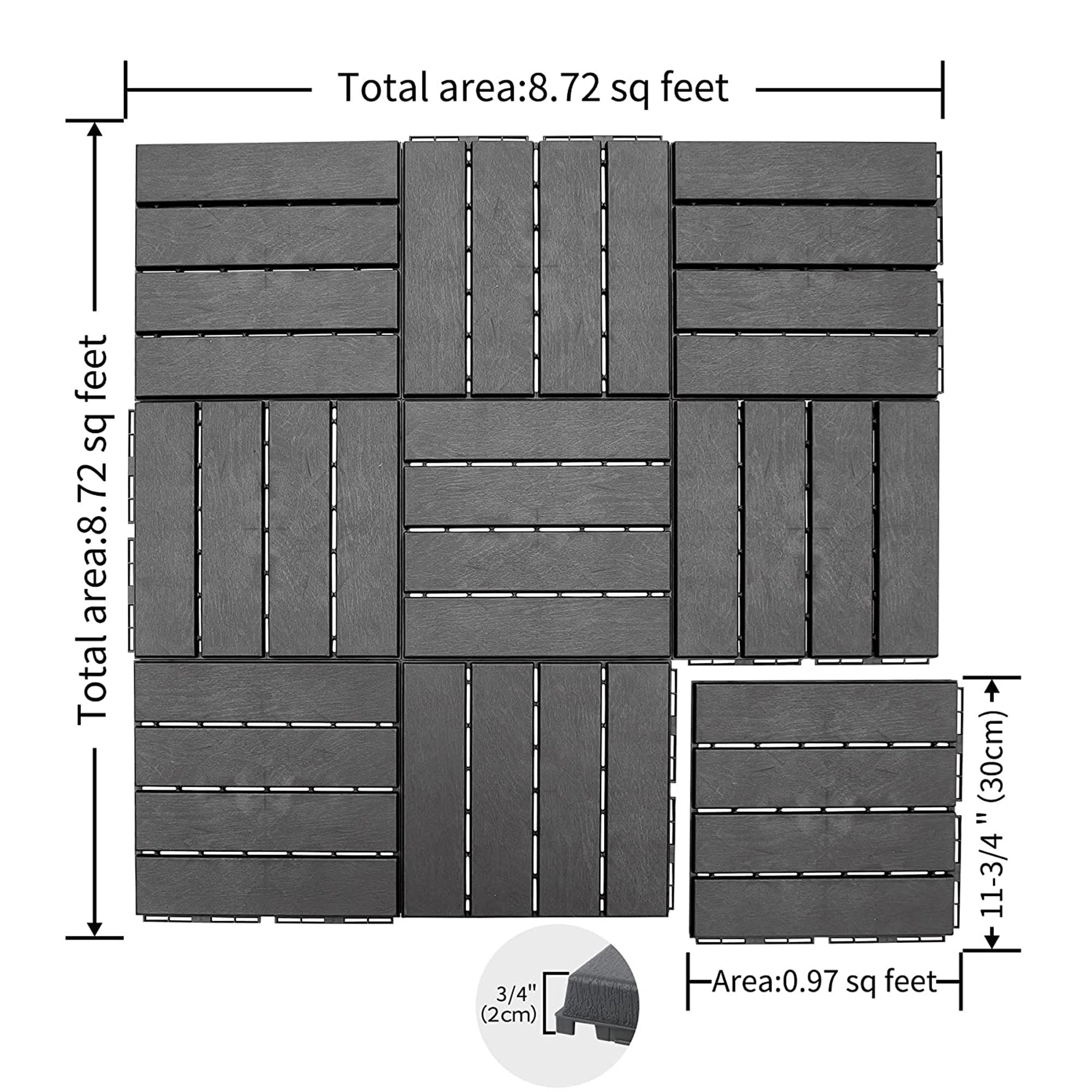 Patio Interlocking Deck Tiles, 12"x12" Square Composite Decking Tiles, Four Slat Plastic Outdoor Flooring Tile All Weather for Balcony Porch Backyard, (Dark Grey, Pack of 27)