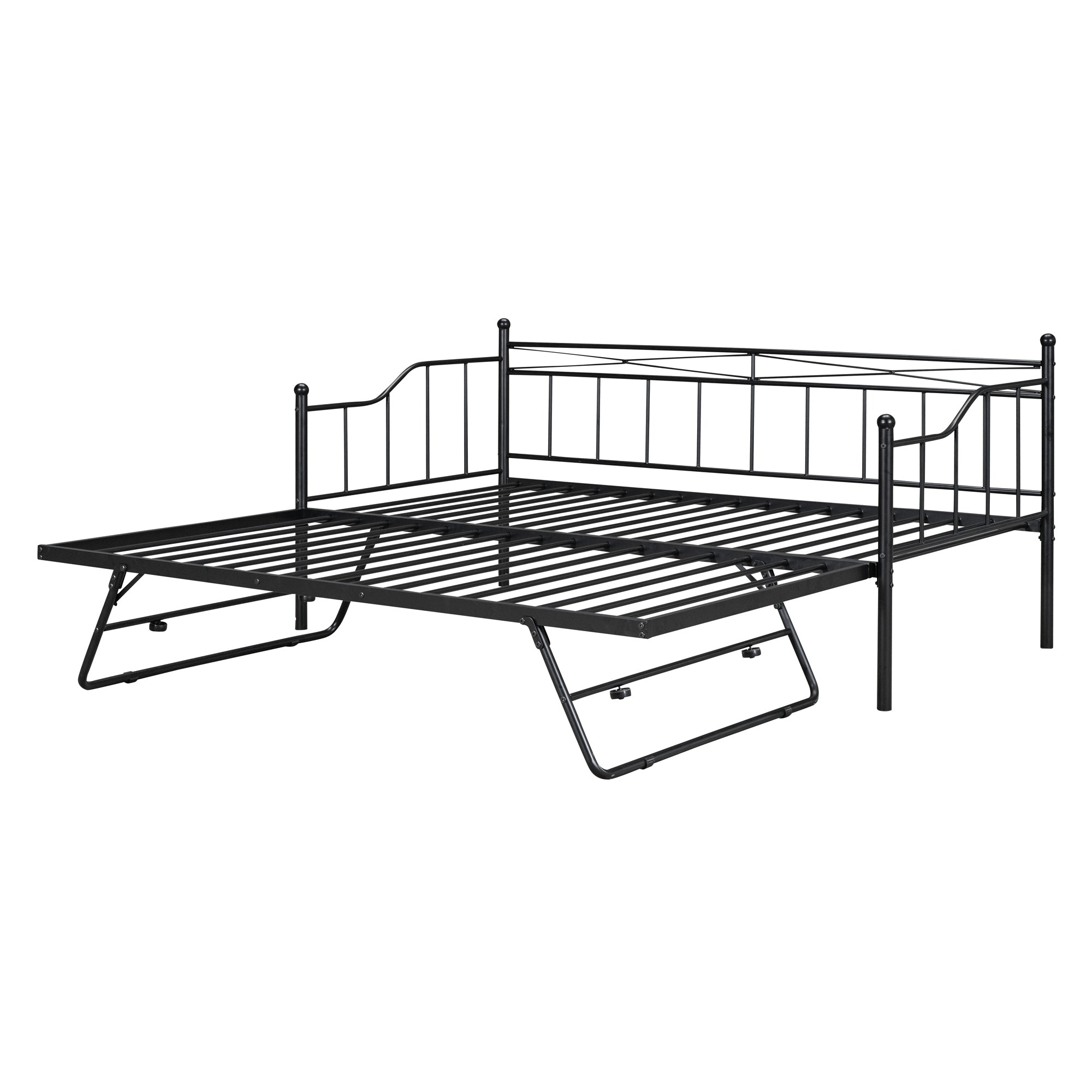 Twin Size Metal Daybed with Twin Size Adjustable Trundle, Portable Folding Trundle, Black