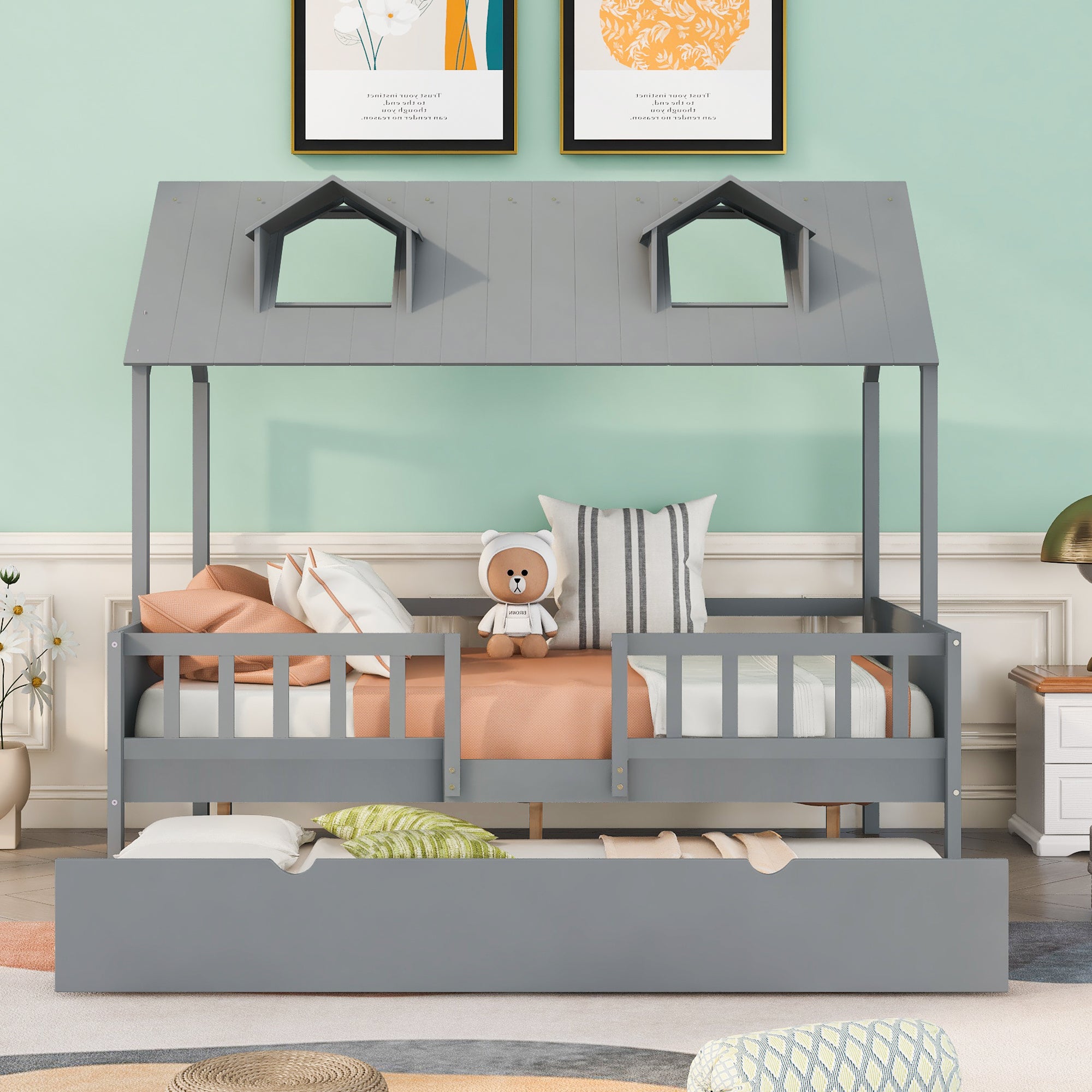 Full Size House Bed Wood Bed with Twin Size Trundle ( Gray )