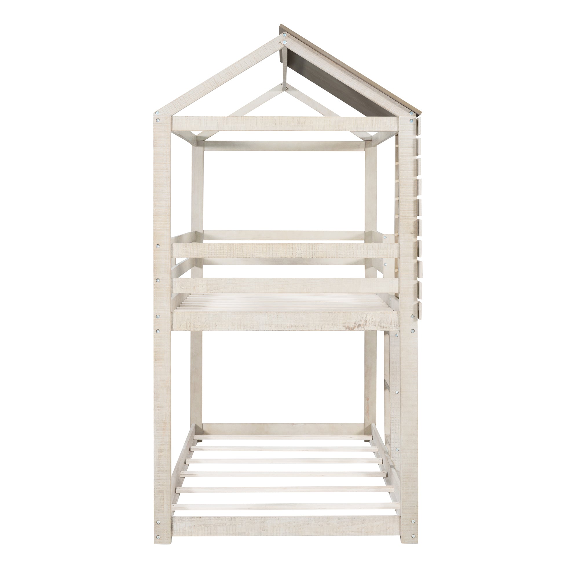 Twin Over Twin Bunk Bed Wood Loft Bed with Roof, Window, Guardrail, Ladder (Antique White )