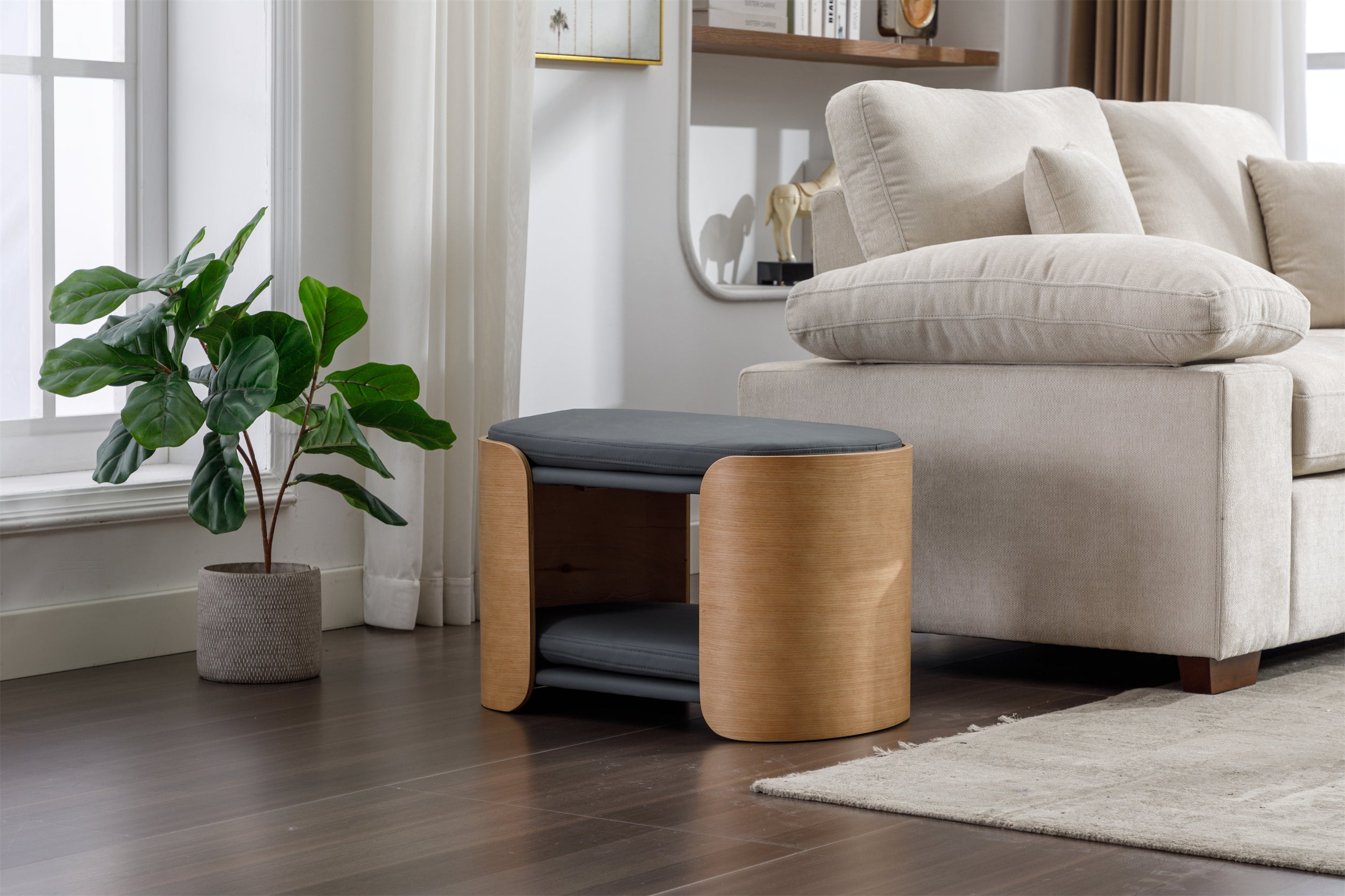 DOUBLE LIFT Cat Bed Pet Sofa With Solid Wood legs and Bent Wood Back, Cat Scratch Resistant PU Cushion,Mid Size,Dark Grey