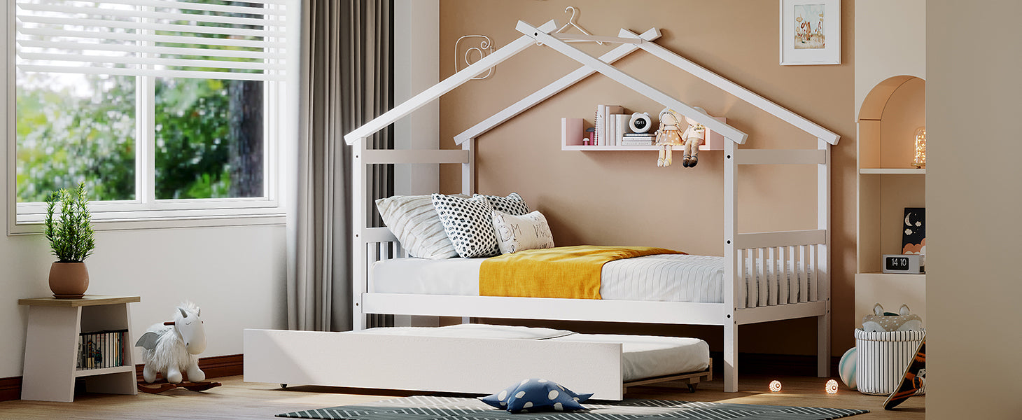 Twin Size Wooden House Bed with Twin Size Trundle, White