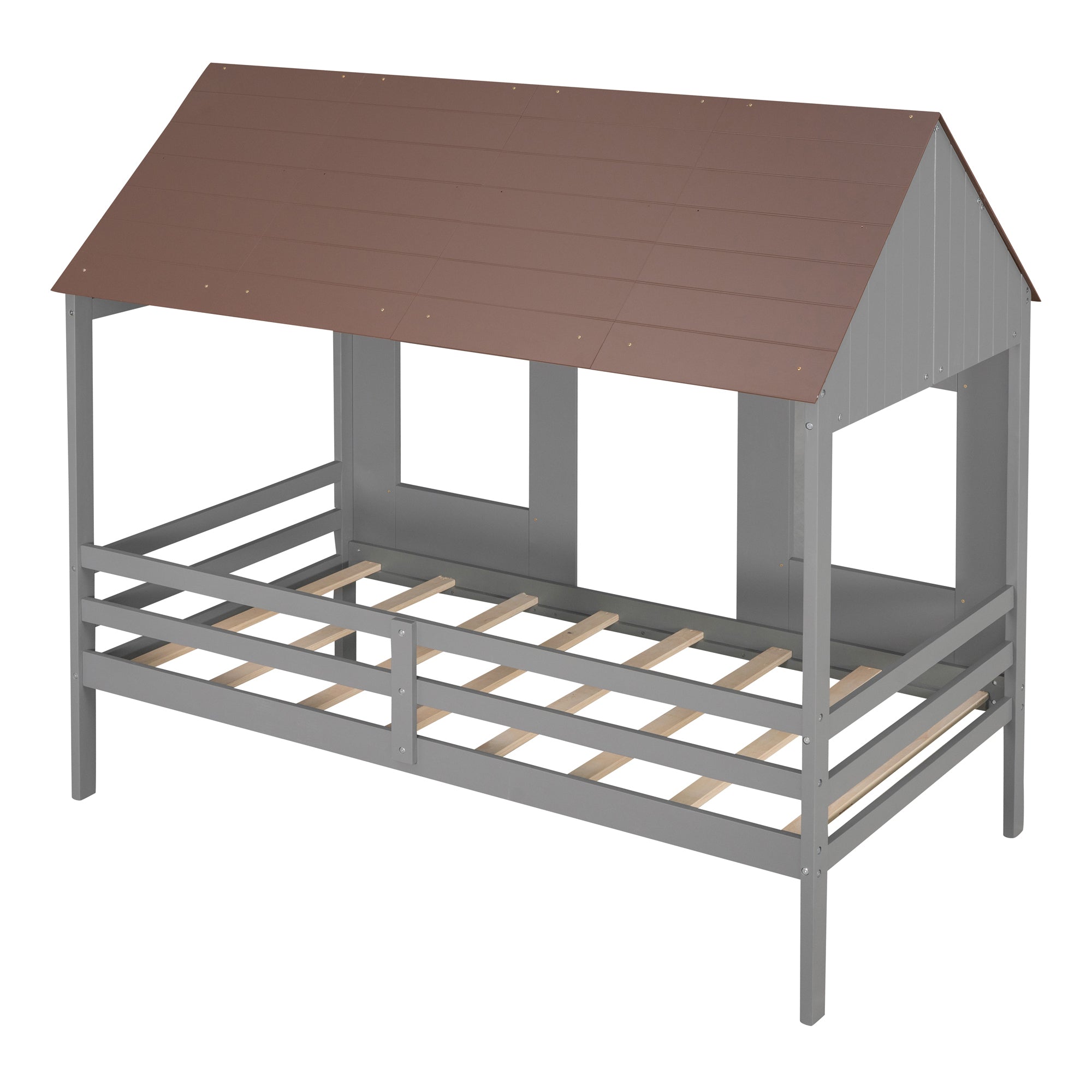 Twin Size Low Loft Wood House Bed with Two Front Windows, (Gray+ Brown)(OLD SKU:LP000039AAL)