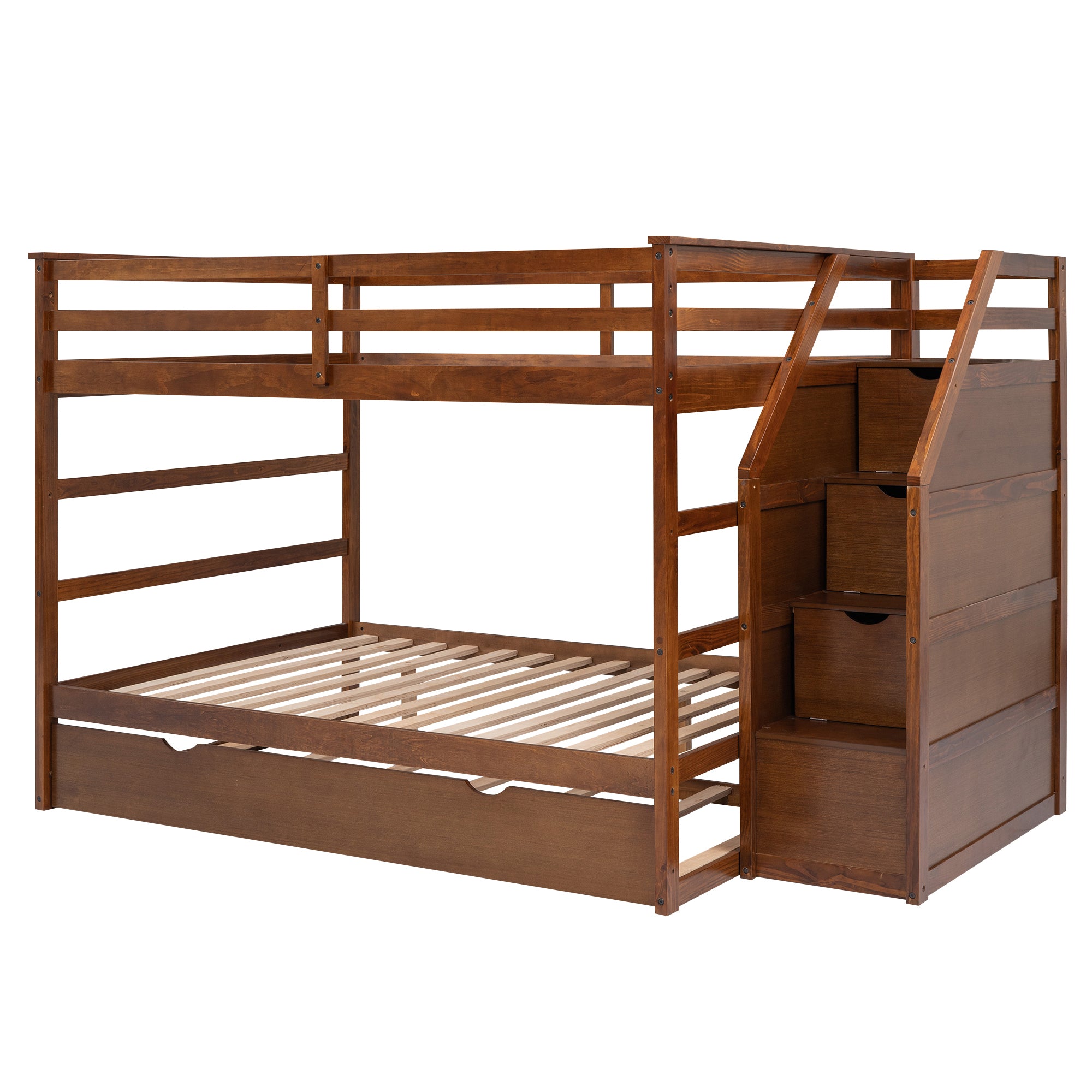 Full-over-Full Bunk Bed with Twin Size Trundle and 3 Storage Stairs,Walnut