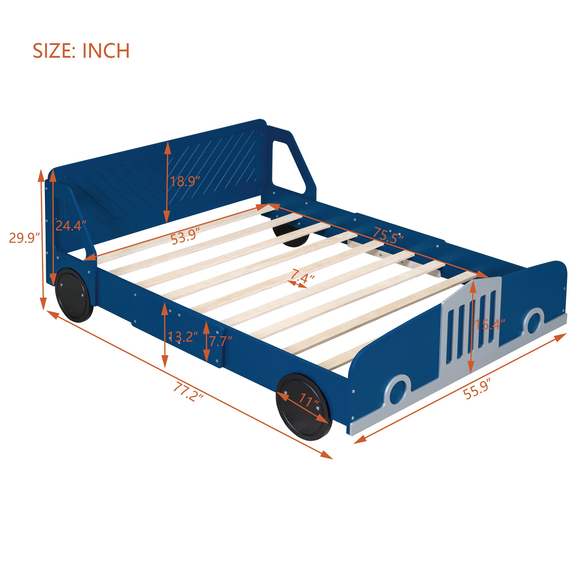 Full Size Car-Shaped Platform Bed with Wheels,Blue