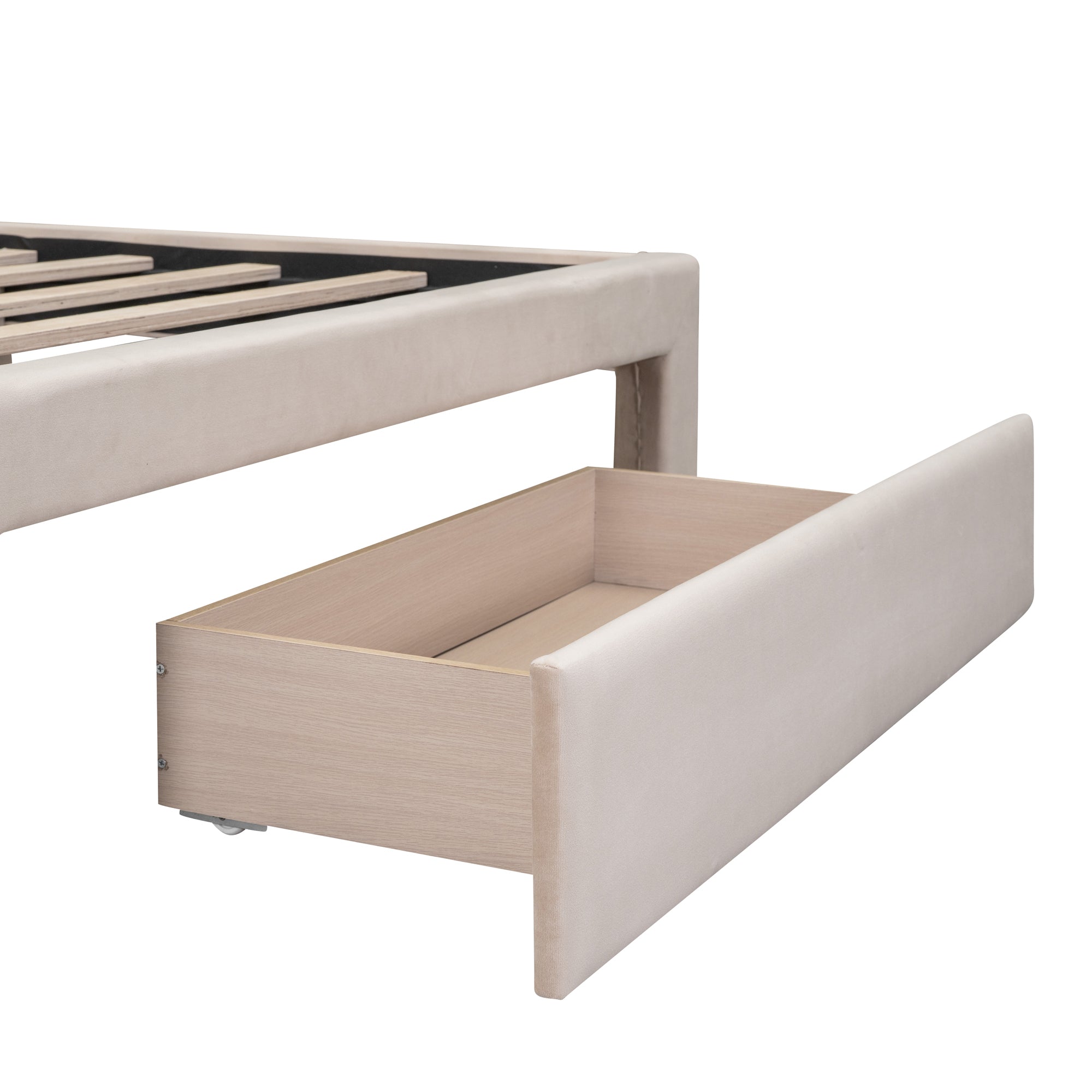 Full Size Storage Bed Velvet Upholstered Platform Bed with a Big Drawer - Beige