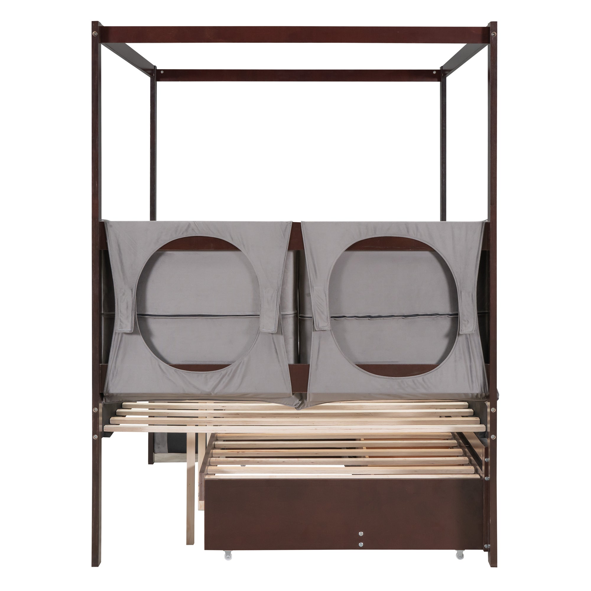 Full Size Upholstered Canopy Bed with Trundle and 3 Drawers, Gray