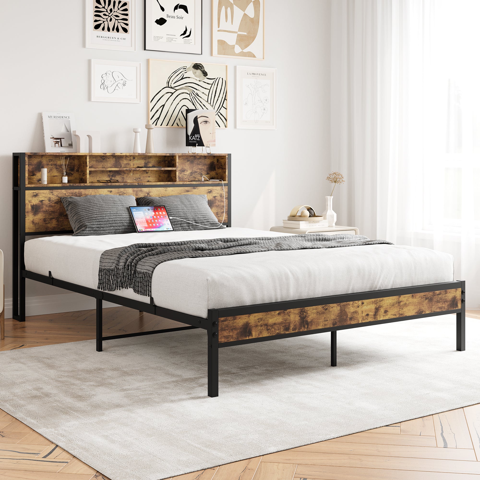 Queen Bed Frame with Storage Headboard, Metal Platform Bed with Charging Station, Bookcase Storage, No Box Spring Needed, Easy Assembly, Noise-Free, Black