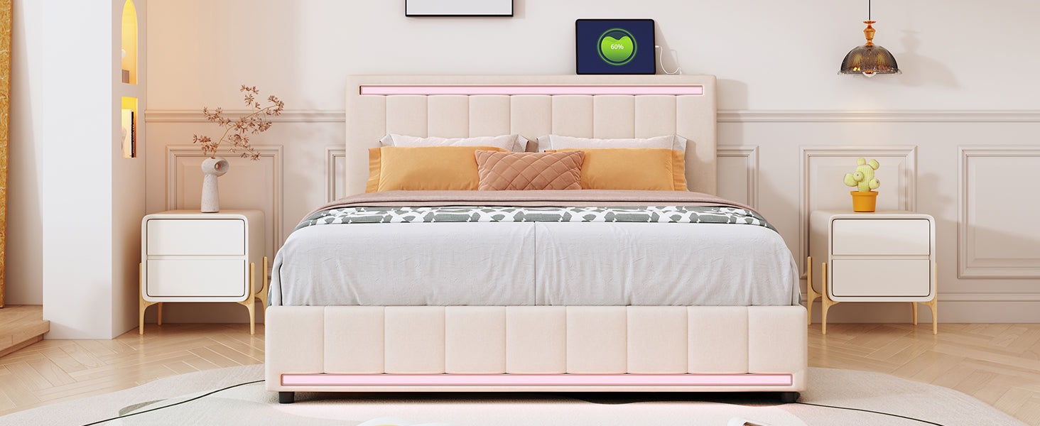Queen Size Upholstered Bed with LED Light and 4 Drawers, Modern Platform Bed with a set of Sockets and USB Ports, Linen Fabric, Beige