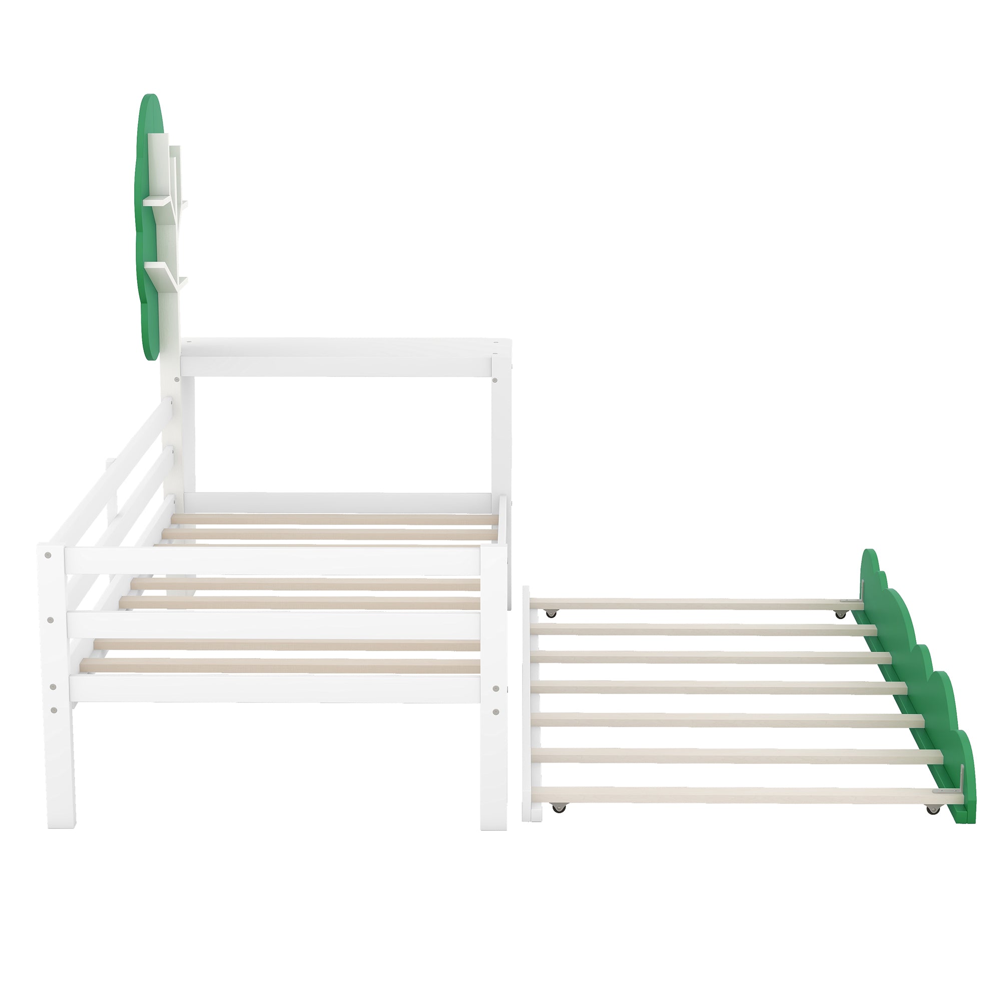 Twin Size Daybed with Desk, Green Tree Shape Shelves and Trundle, White