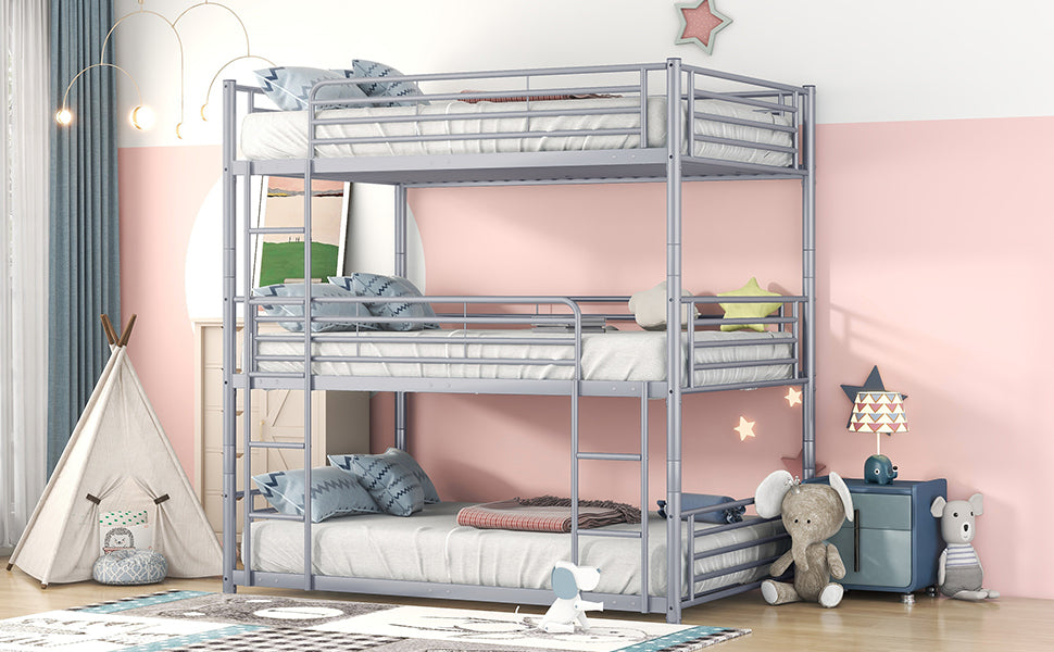 Full-Full-Full Metal Triple Bed with Built-in Ladder, Divided into Three Separate Beds,Gray(OLD SKU:LP000297AAE)