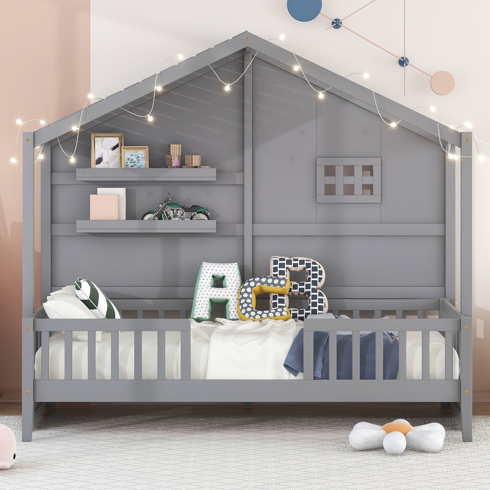 Twin Size House Bed with Shelves, House Bed with Window and Sparkling Light Strip on the Roof, Gray
