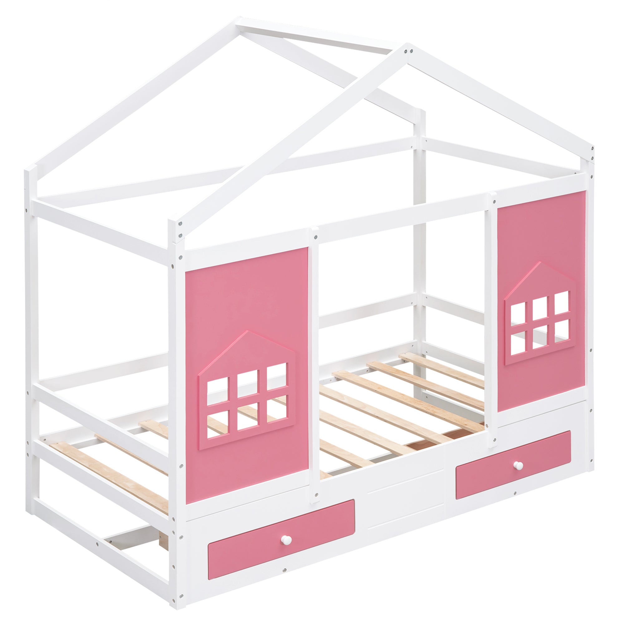 Twin Size Wood House Bed with 2 Drawers and Window Decoration, White+Pink