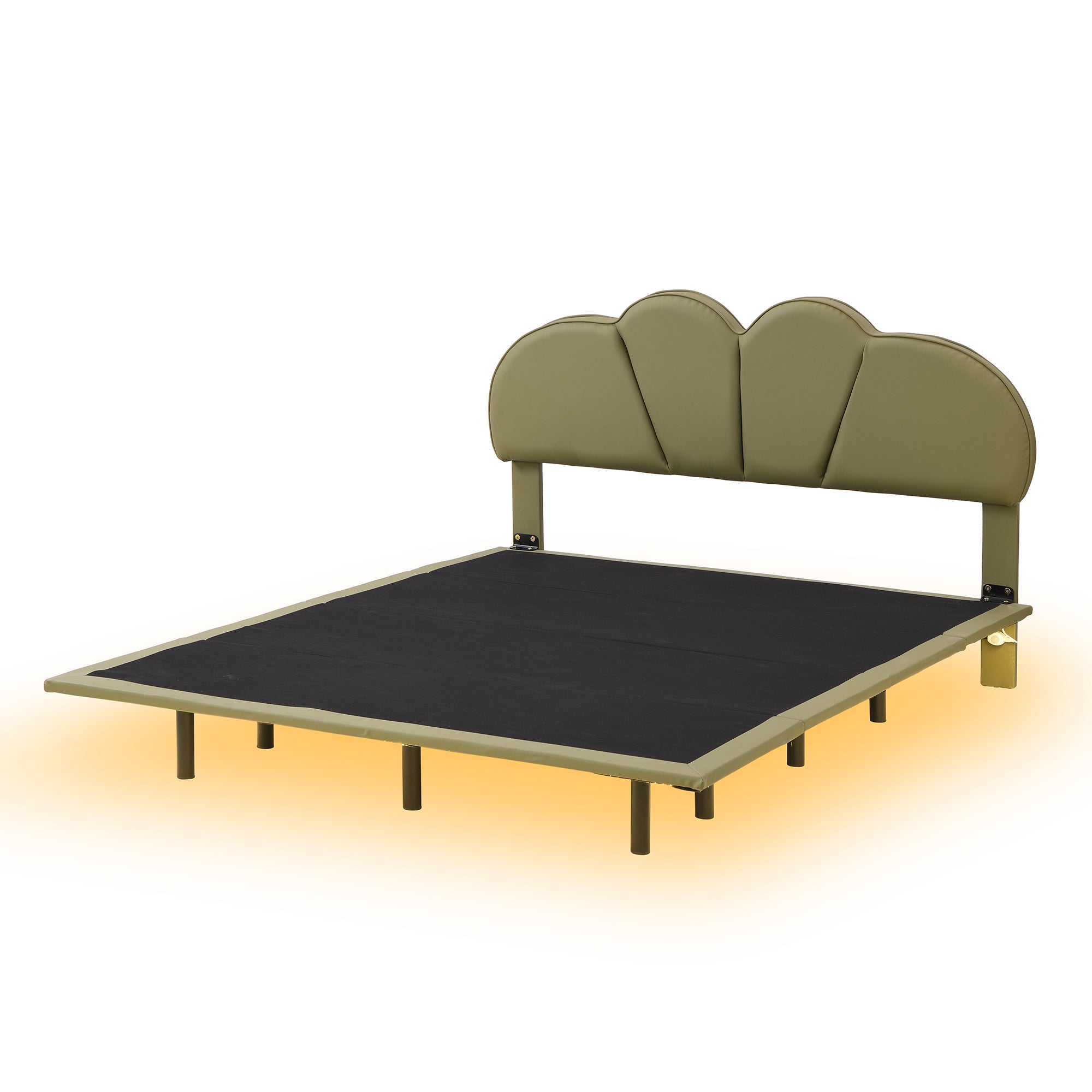 Queen Size Upholstery Platform Bed with PU Leather Headboard and Support Legs,Underbed LED Light,Green