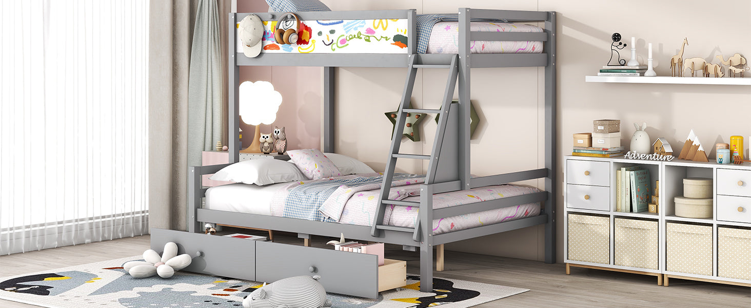 Wood Twin over Full Bunk Bed with Whiteboard, 3 Hooks and 2 Drawers, Grey