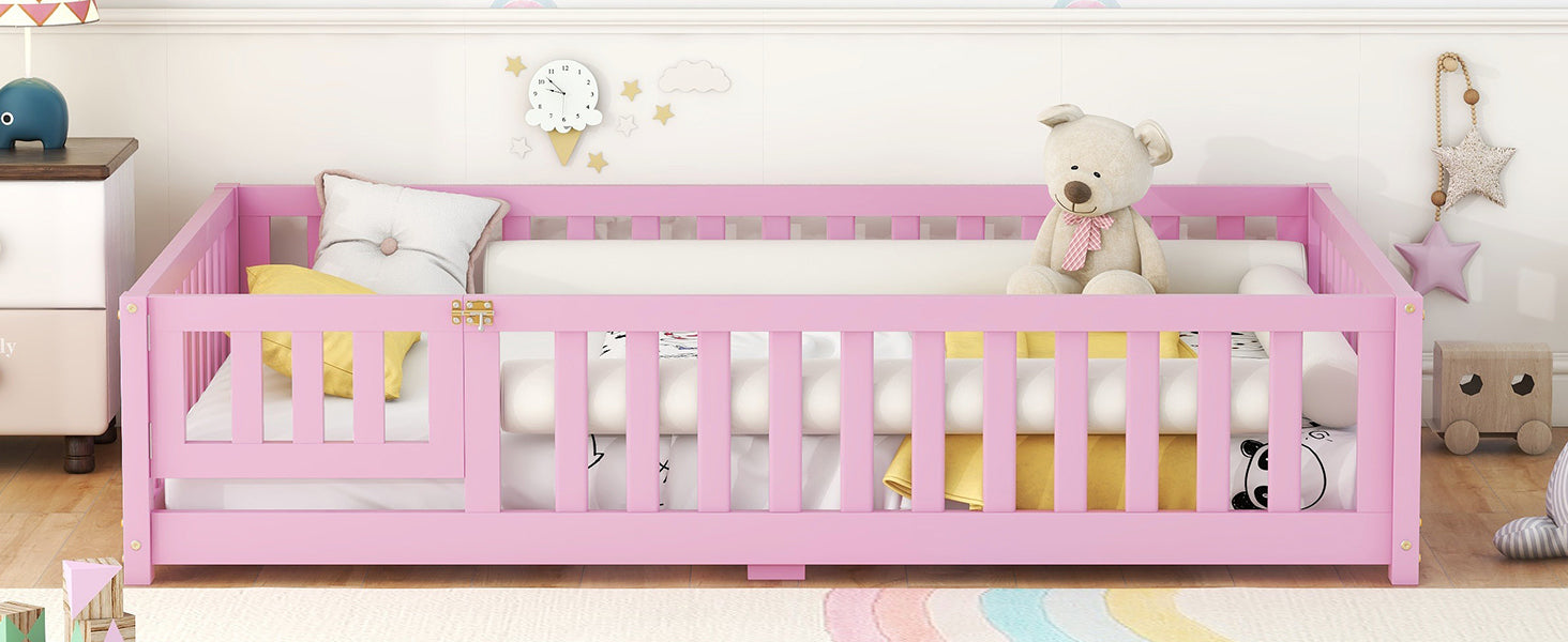 Full Size Bed Floor Bed with Safety Guardrails and Door for Kids, Pink (Expect Arrival Date Nov.2nd)