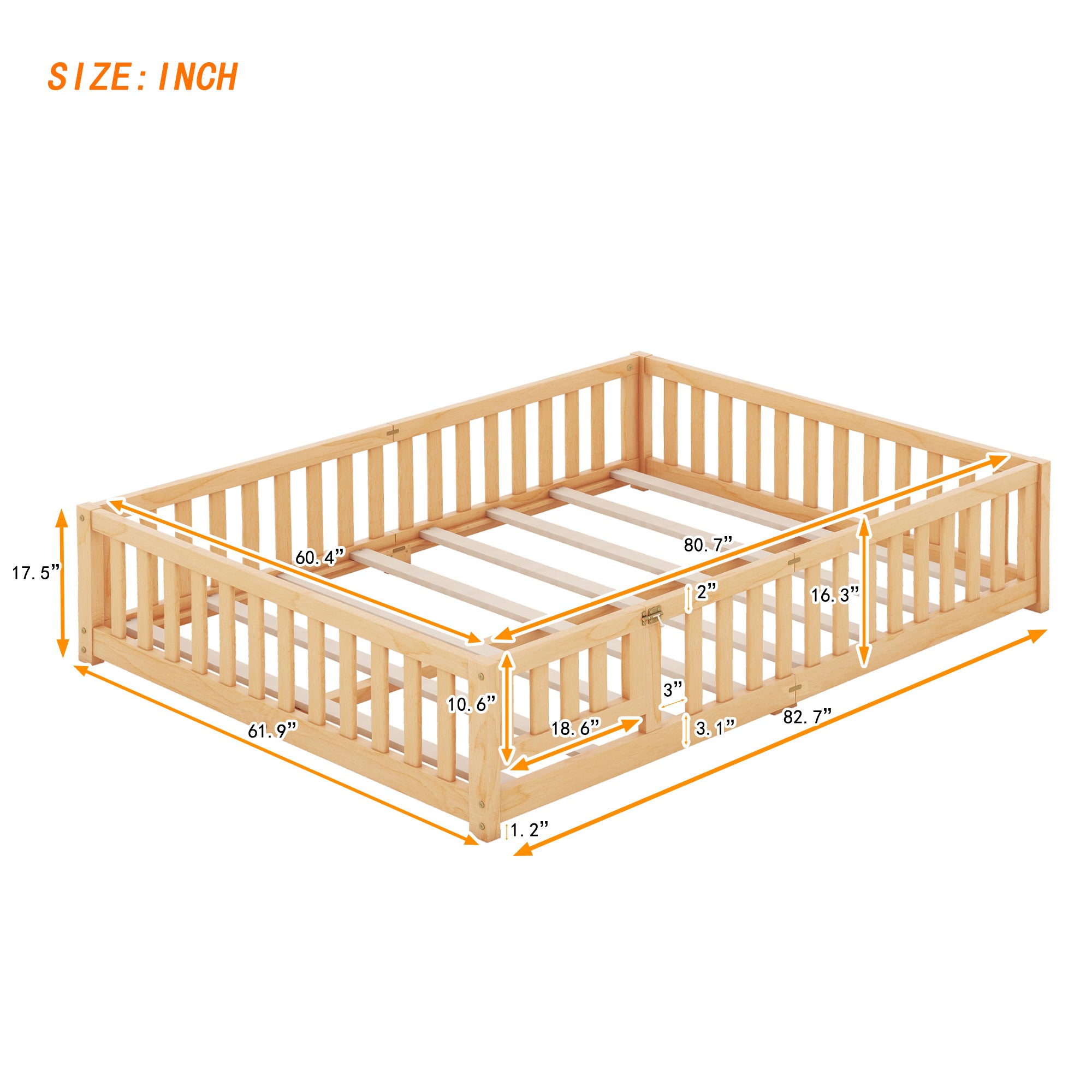 Queen Size Bed Floor Bed with Safety Guardrails and Door for Kids, Natural (Expect Arrival Date Nov.2nd)