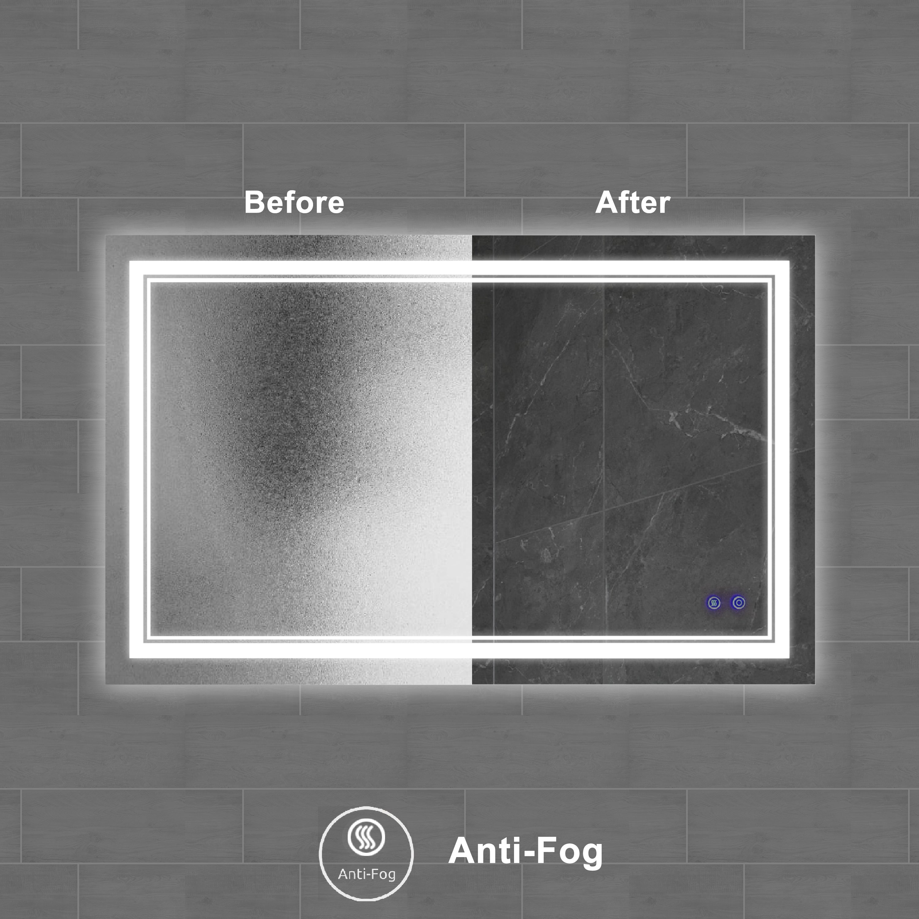 40 x 24 Inch Frameless LED Illuminated Bathroom Wall Mirror, Touch Button Defogger, Rectangular, Silver